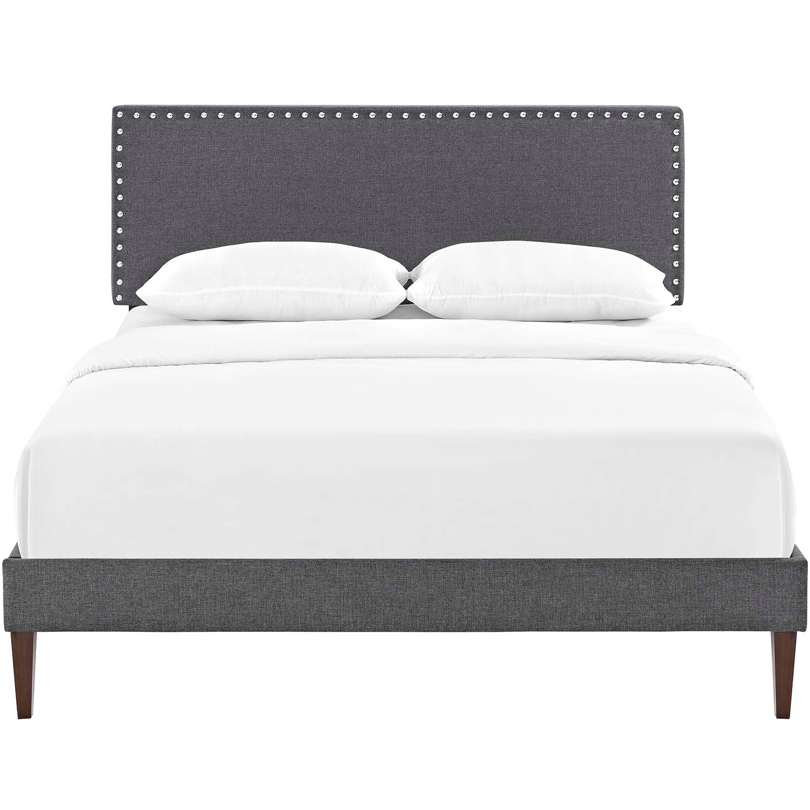 Savell Queen Grey Upholstered Platform Bed – No Box Spring Required