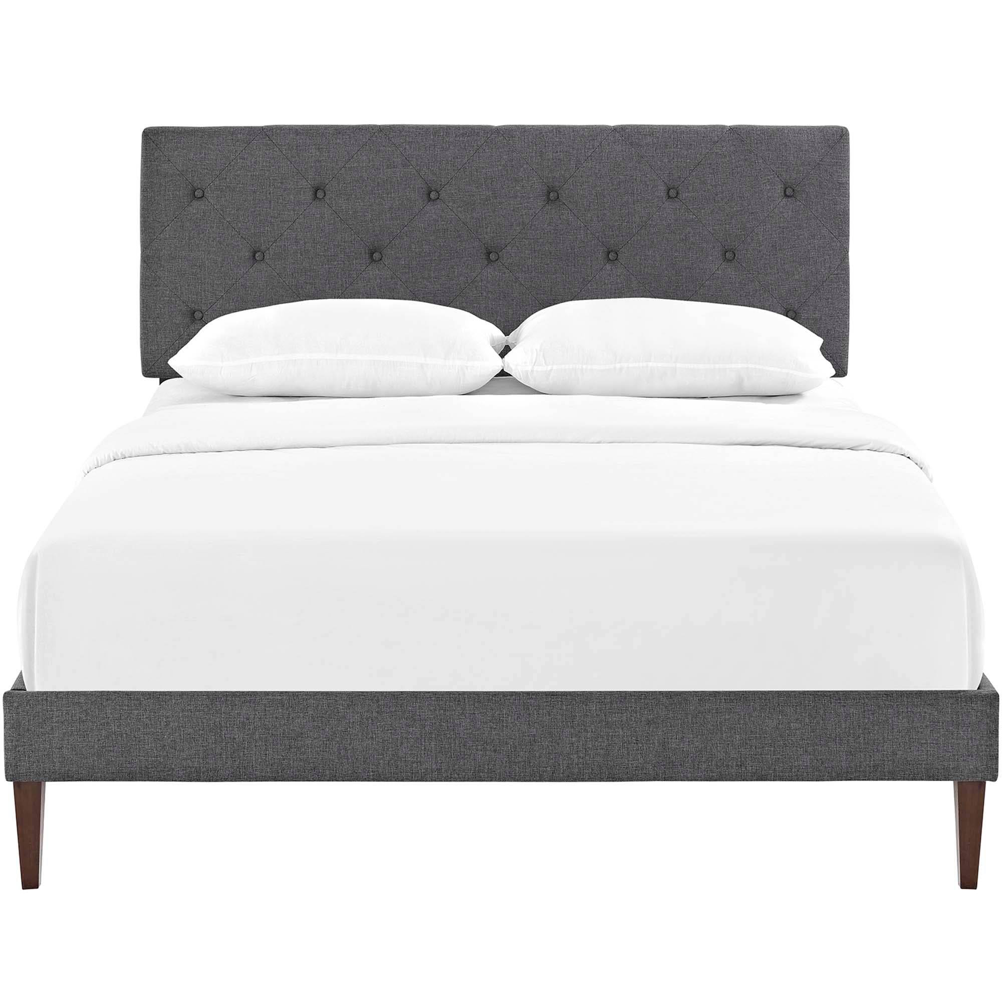 Joshen King Modern Platform Bed – Grey Upholstered with Wood Slat Support