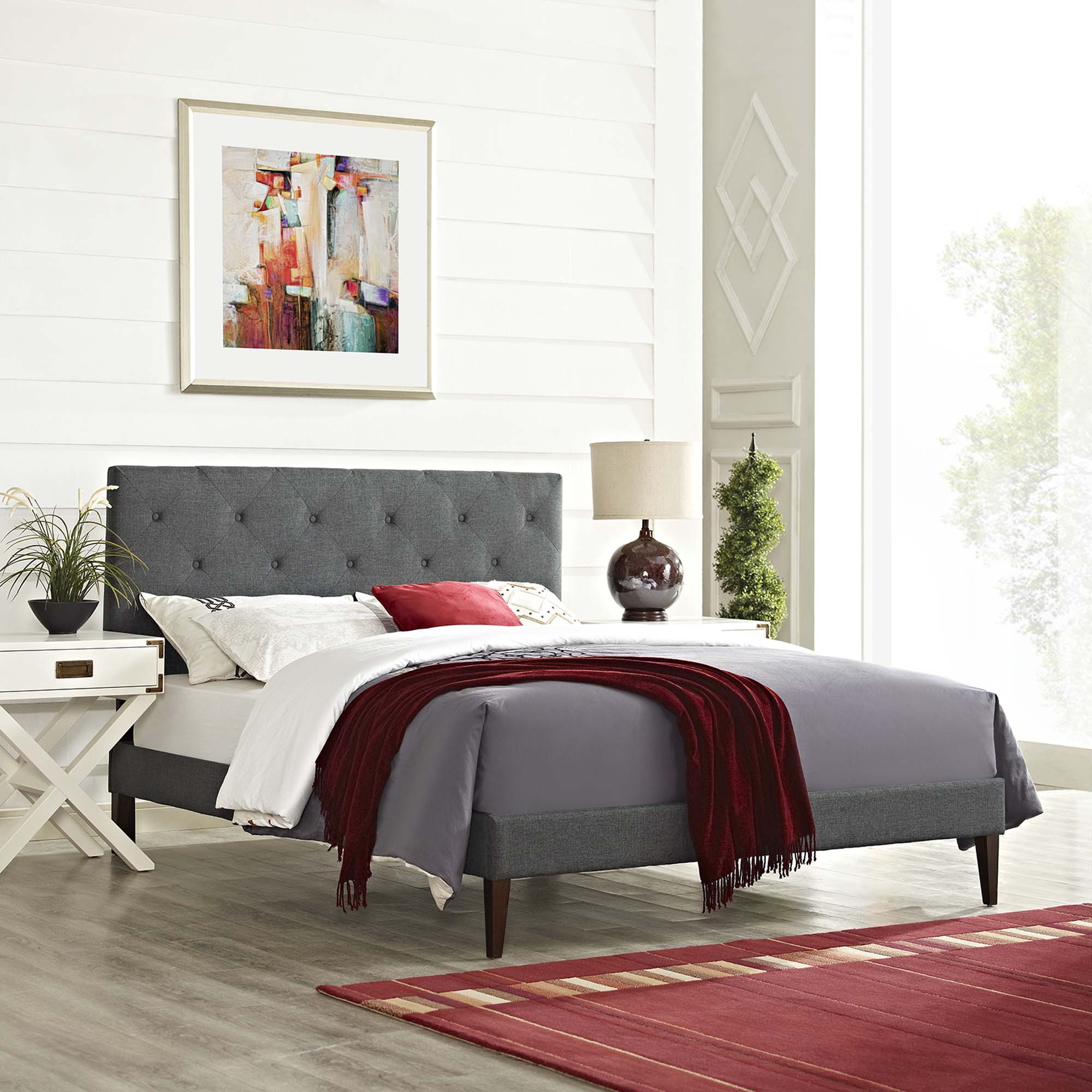 Joshen King Modern Platform Bed – Grey Upholstered with Wood Slat Support