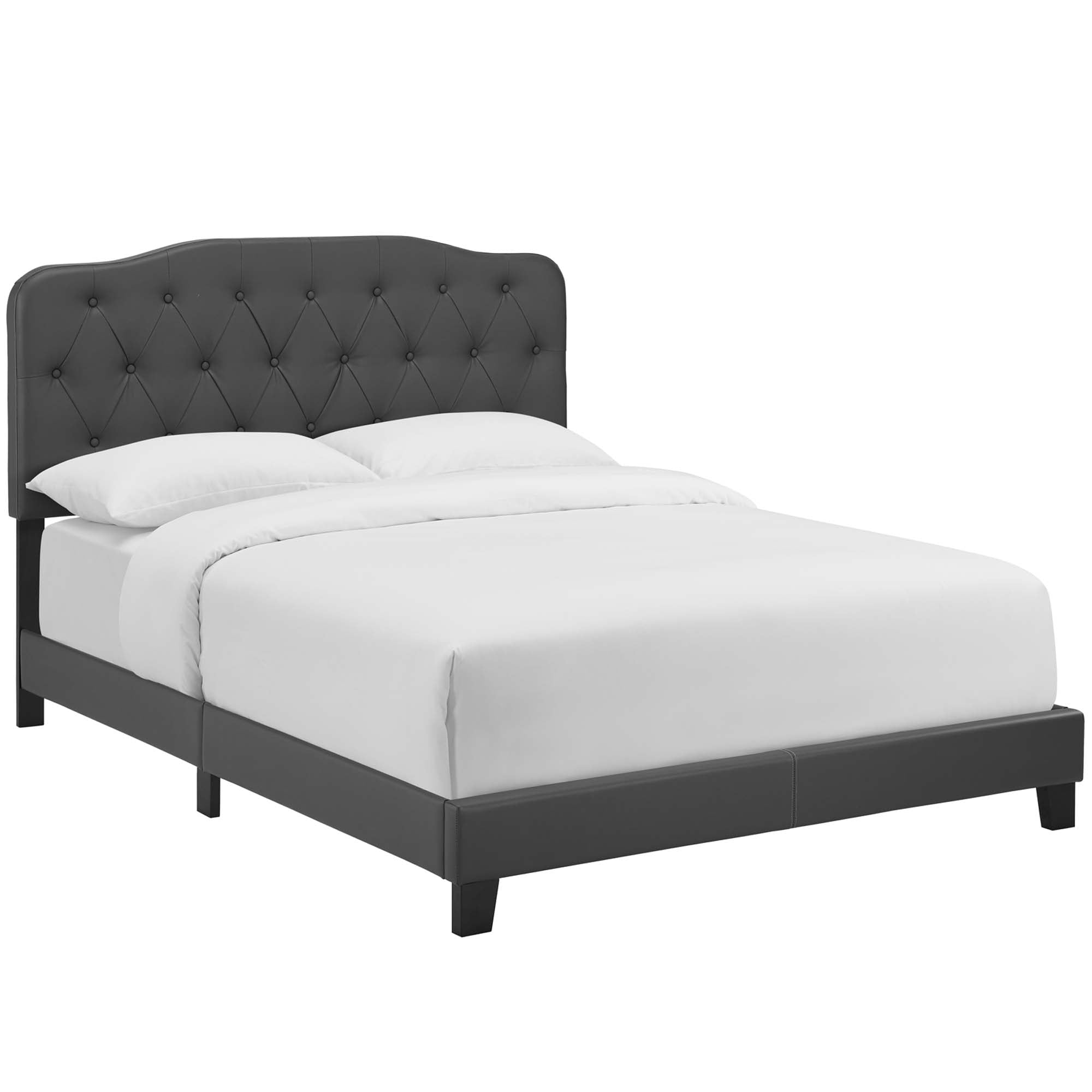 Tobias Full Size Grey Faux Leather Platform Bed – Modern Button Tufted Frame
