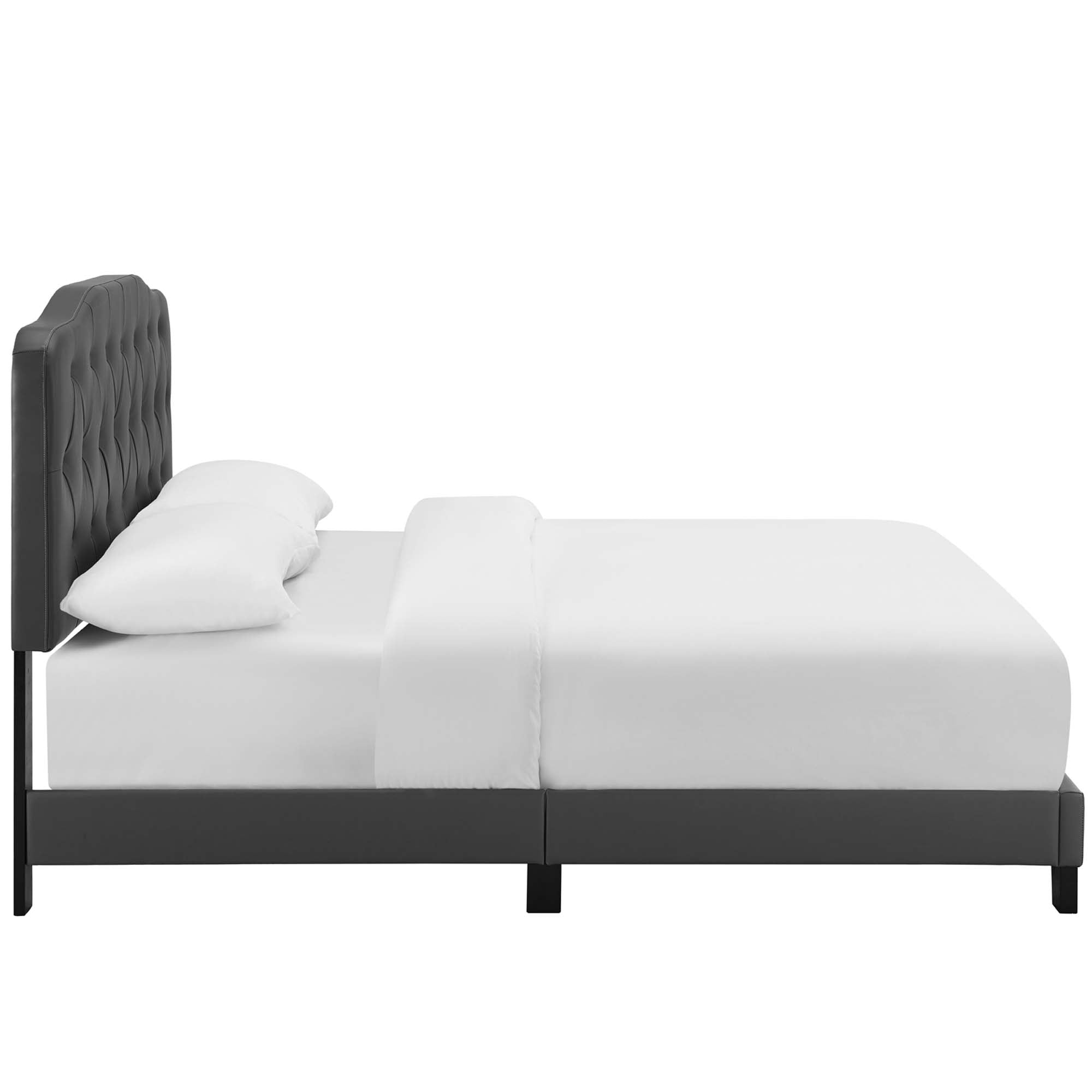 Tobias Full Size Grey Faux Leather Platform Bed – Modern Button Tufted Frame