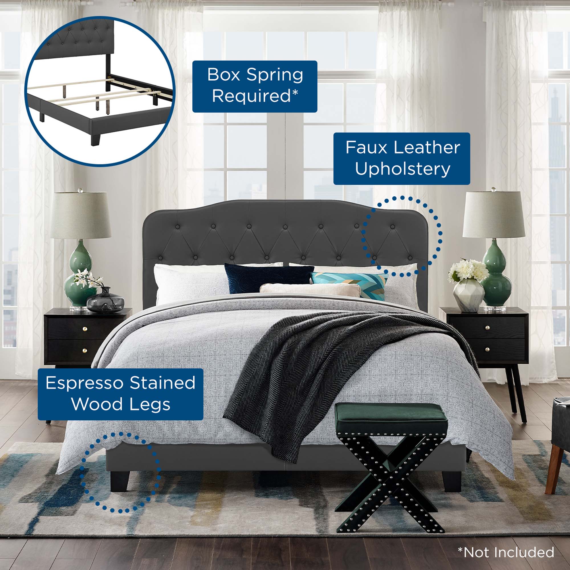 Tobias Full Size Grey Faux Leather Platform Bed – Modern Button Tufted Frame