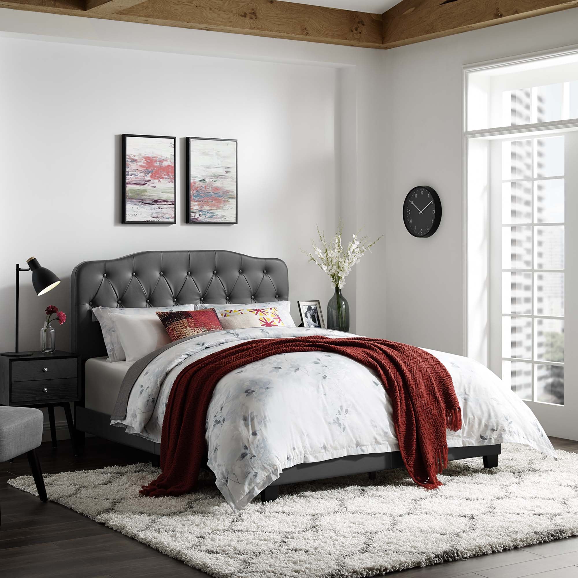 Tobias Full Size Grey Faux Leather Platform Bed – Modern Button Tufted Frame