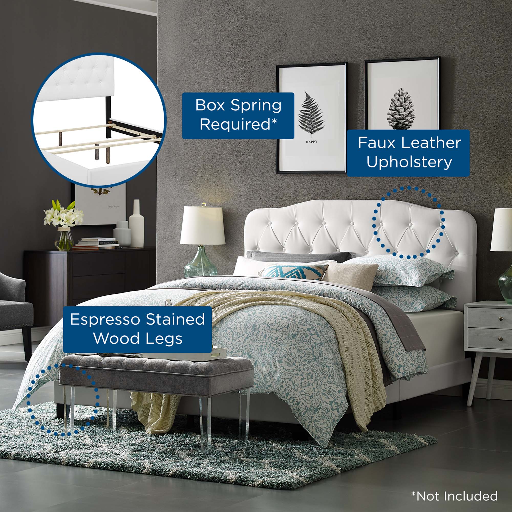 Seraphine White Queen Faux Leather Platform Bed – Button Tufted Headboard