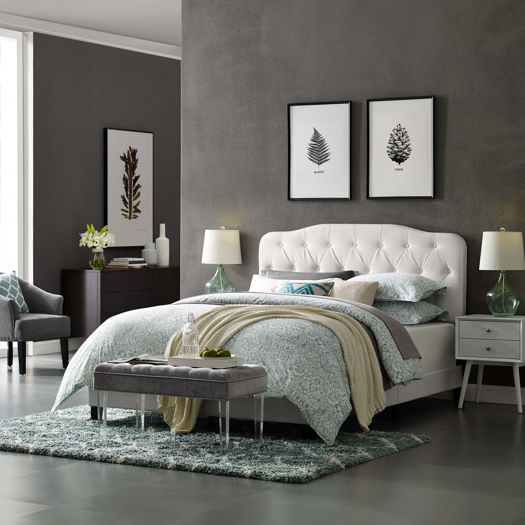 Seraphine White Queen Faux Leather Platform Bed – Button Tufted Headboard