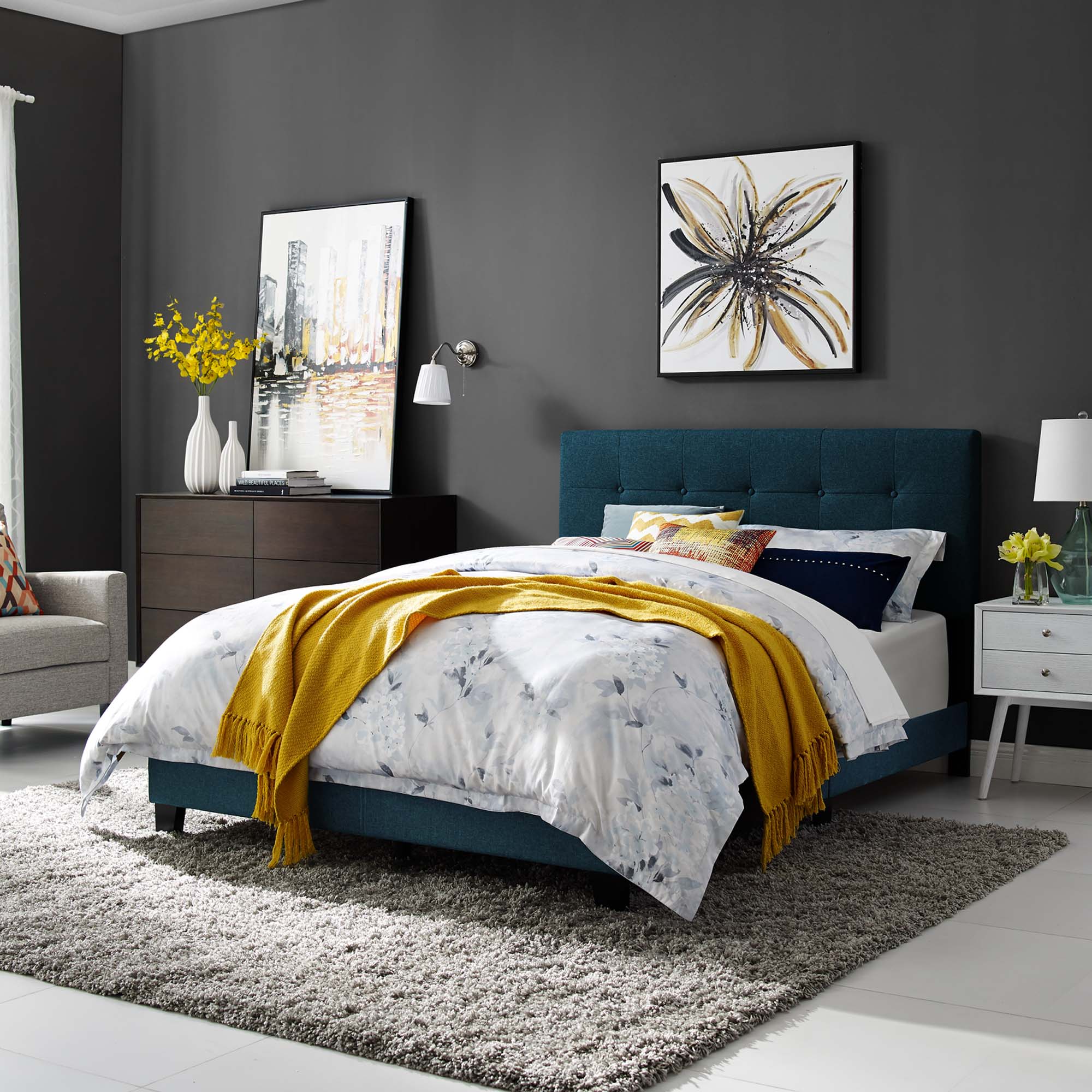 Calder Azure Twin Fabric Bed Frame – Button-Tufted Upholstered Headboard