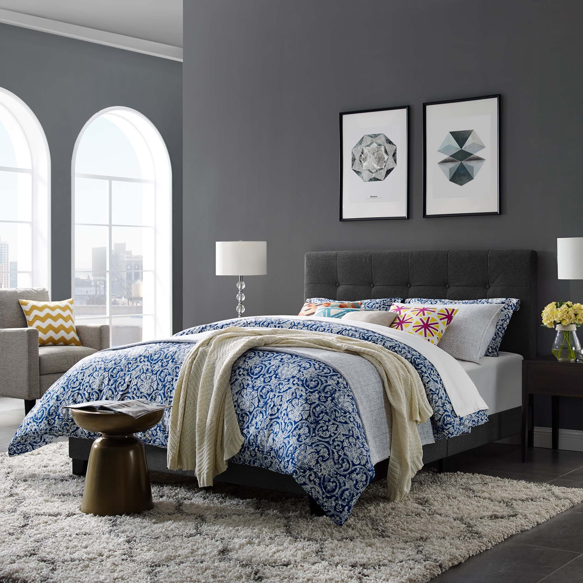 Eli Full Grey Upholstered Panel Bed – Button-Tufted Fabric Headboard