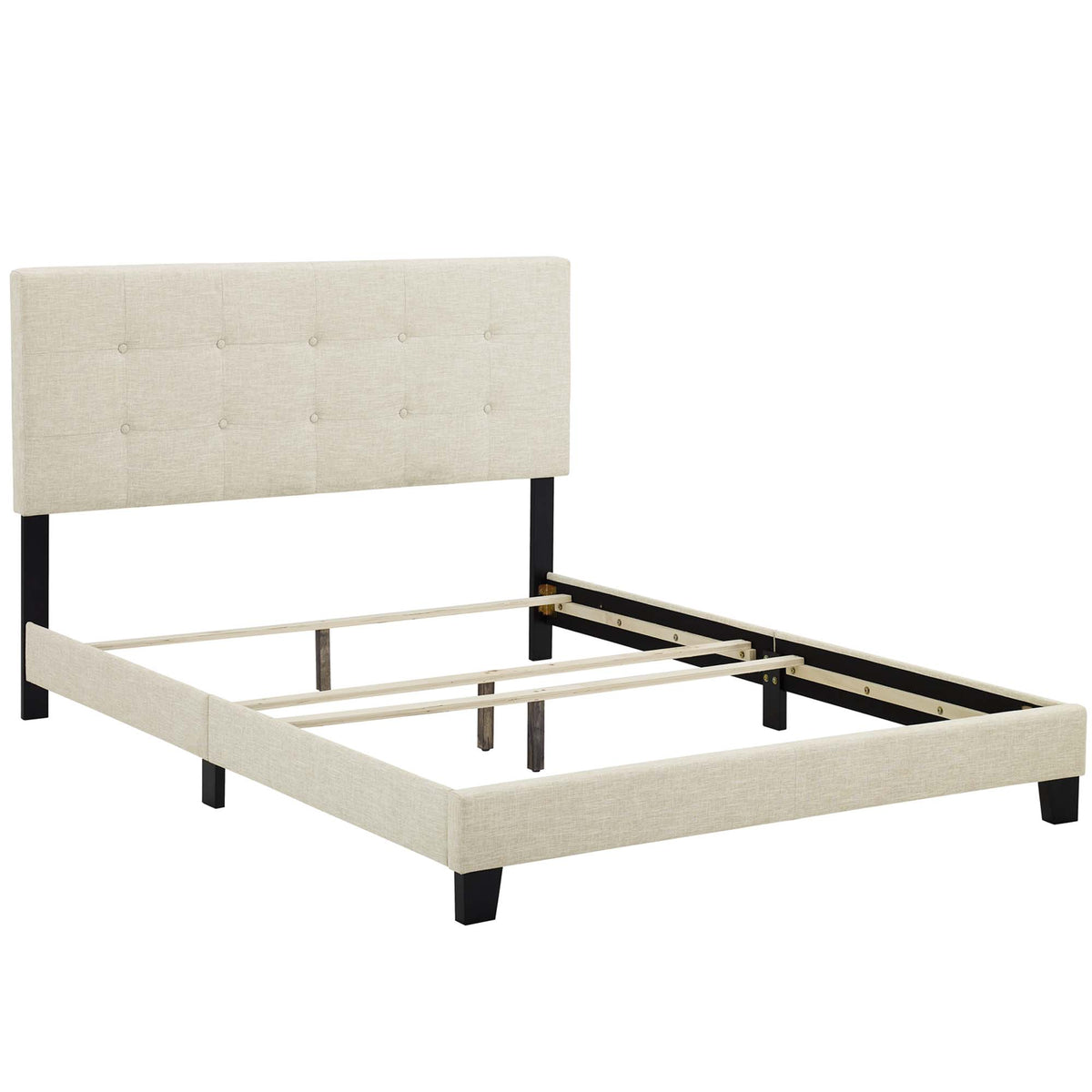 Freya King Upholstered Panel Bed – Beige Fabric with Tufted Headboard
