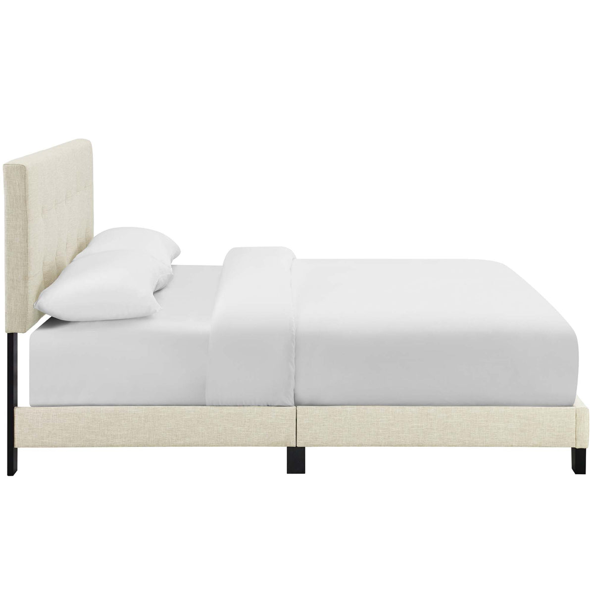 Freya King Upholstered Panel Bed – Beige Fabric with Tufted Headboard