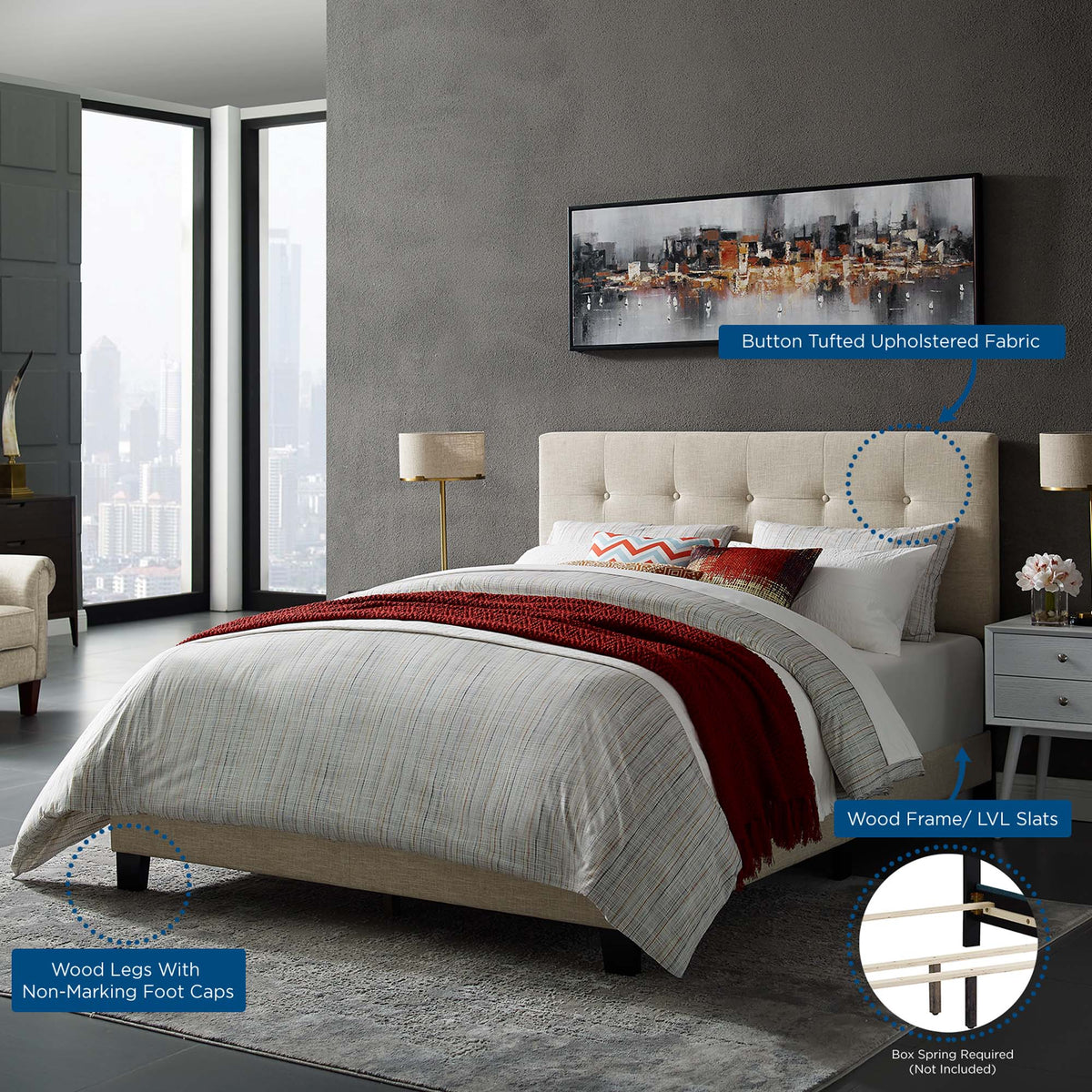 Freya King Upholstered Panel Bed – Beige Fabric with Tufted Headboard