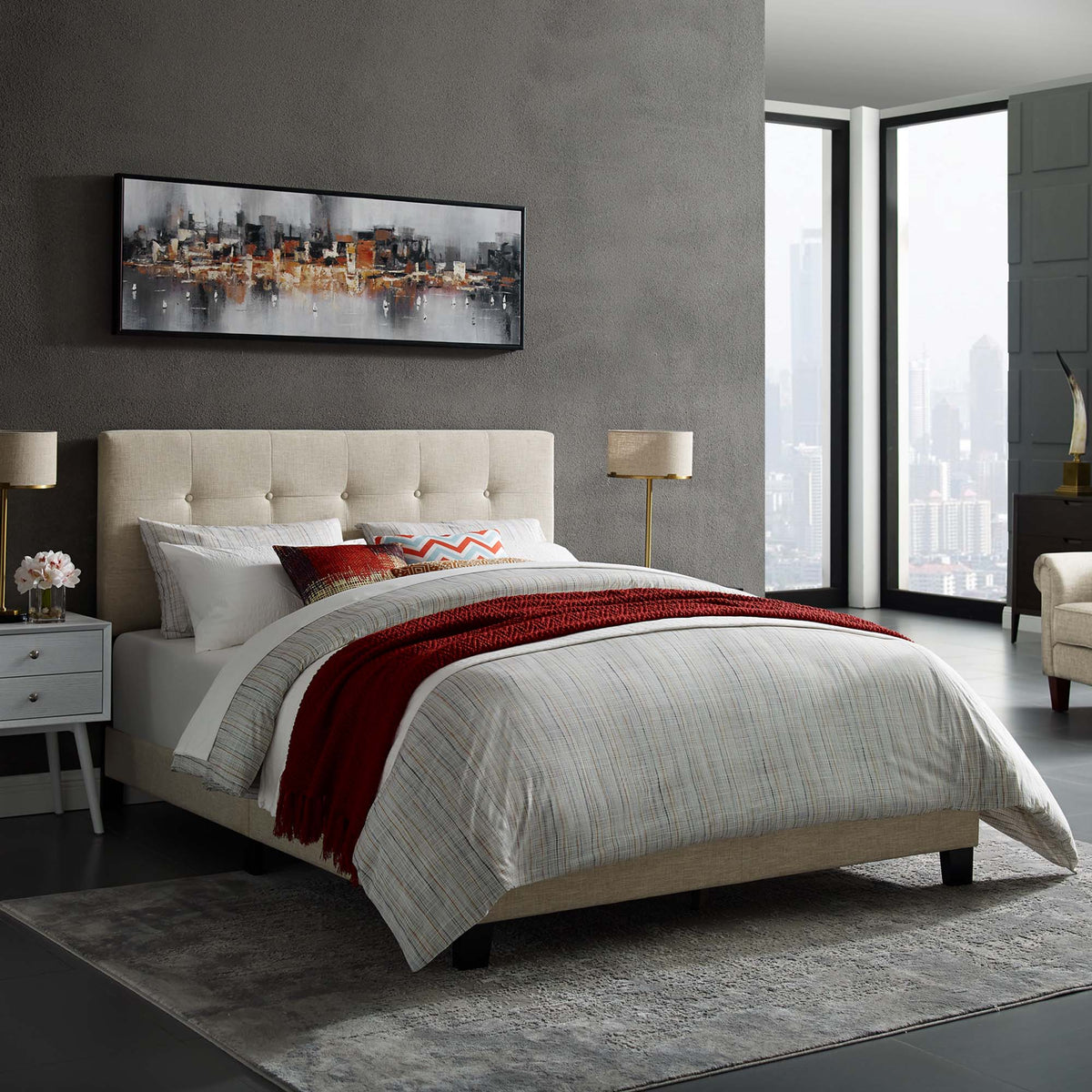 Freya King Upholstered Panel Bed – Beige Fabric with Tufted Headboard