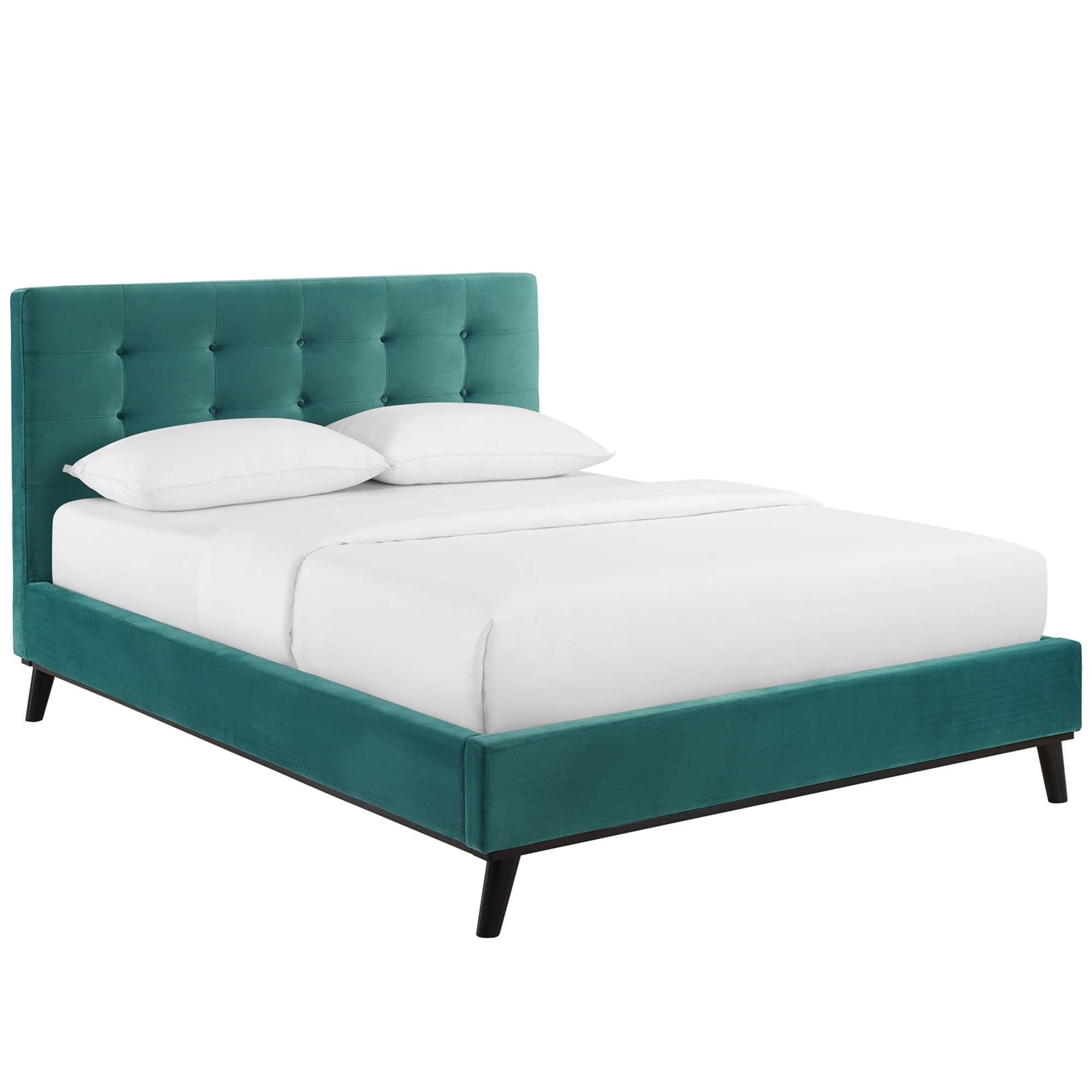 Ellar Queen Velvet Platform Bed – Teal Biscuit Tufted Upholstered Headboard