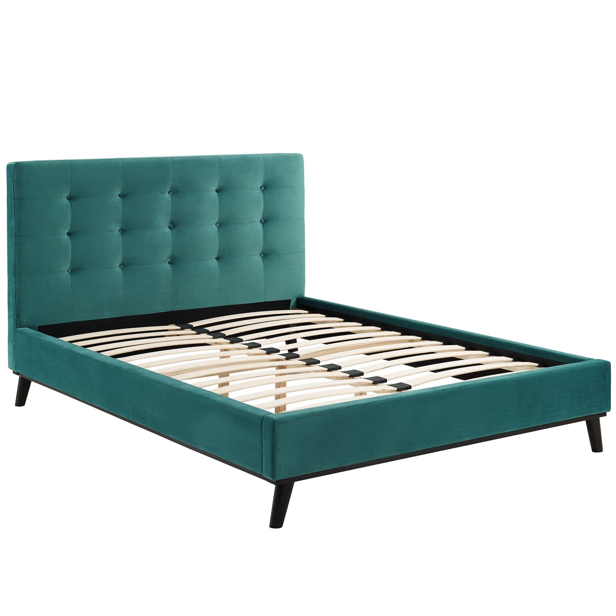Ellar Queen Velvet Platform Bed – Teal Biscuit Tufted Upholstered Headboard