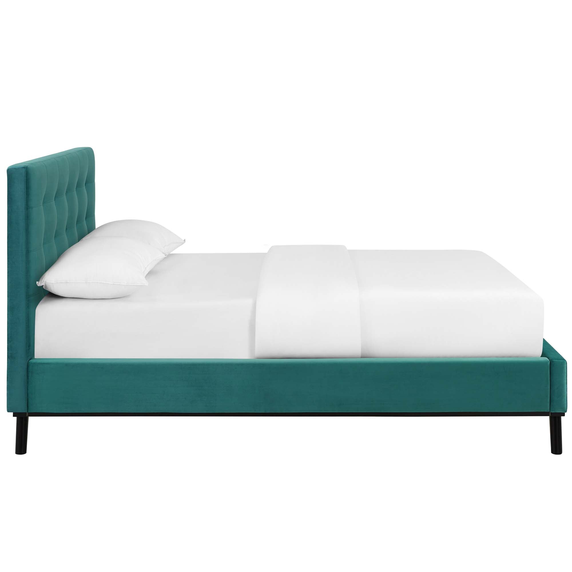 Ellar Queen Velvet Platform Bed – Teal Biscuit Tufted Upholstered Headboard