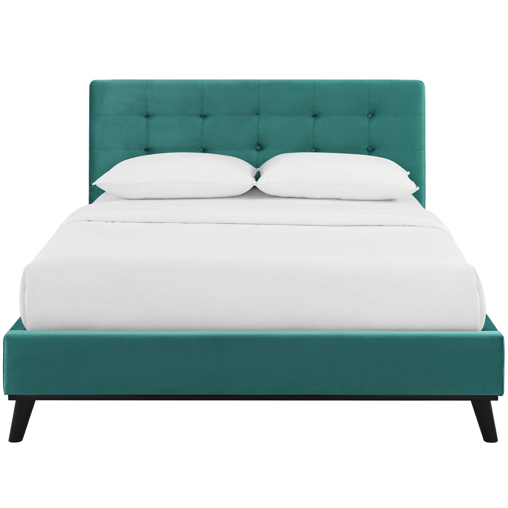 Ellar Queen Velvet Platform Bed – Teal Biscuit Tufted Upholstered Headboard