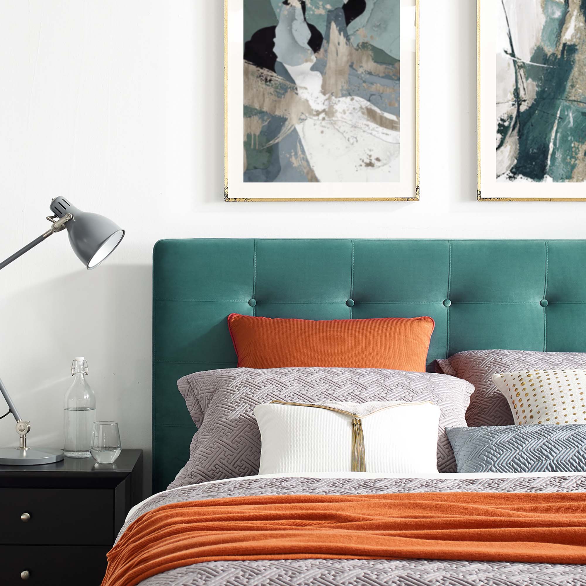 Ellar Queen Velvet Platform Bed – Teal Biscuit Tufted Upholstered Headboard