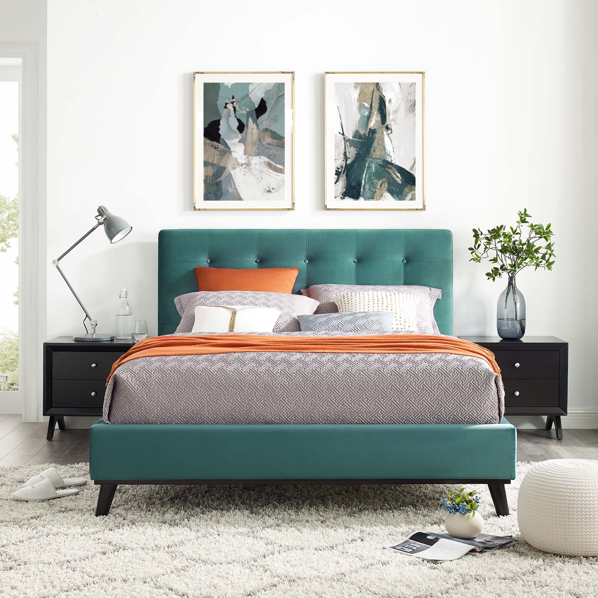 Ellar Queen Velvet Platform Bed – Teal Biscuit Tufted Upholstered Headboard
