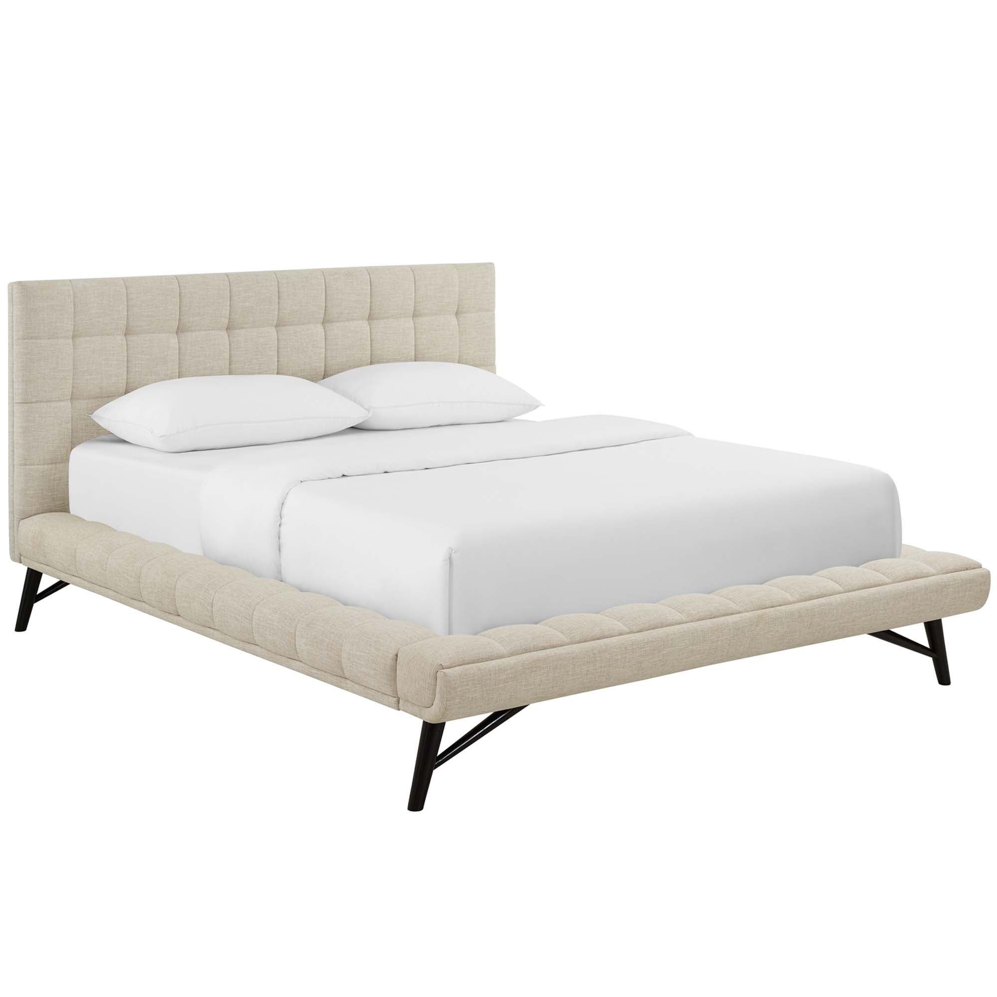 Lancaster Queen Beige Platform Bed – Upholstered Headboard with Wood Legs