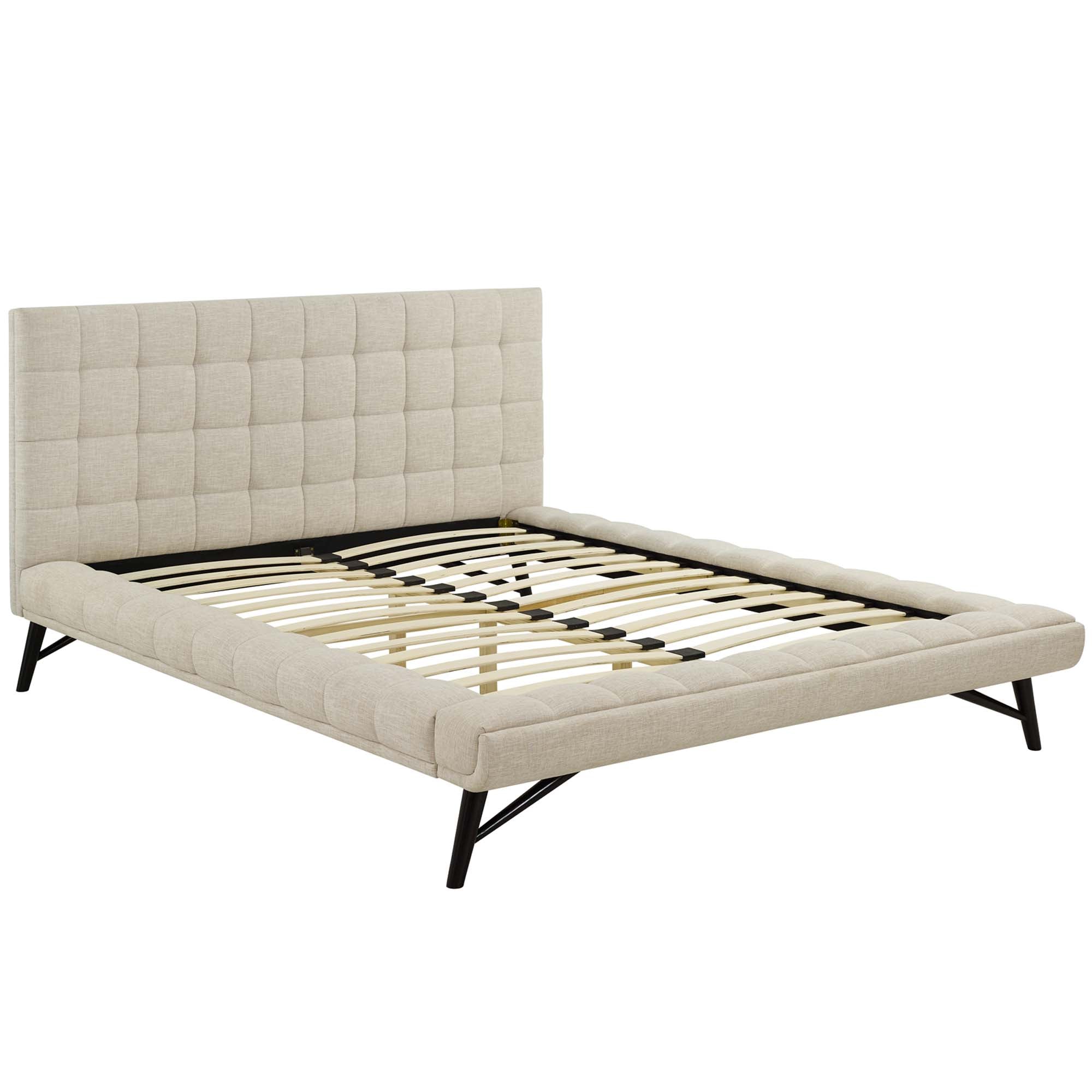 Lancaster Queen Beige Platform Bed Upholstered Headboard with Wood Legs