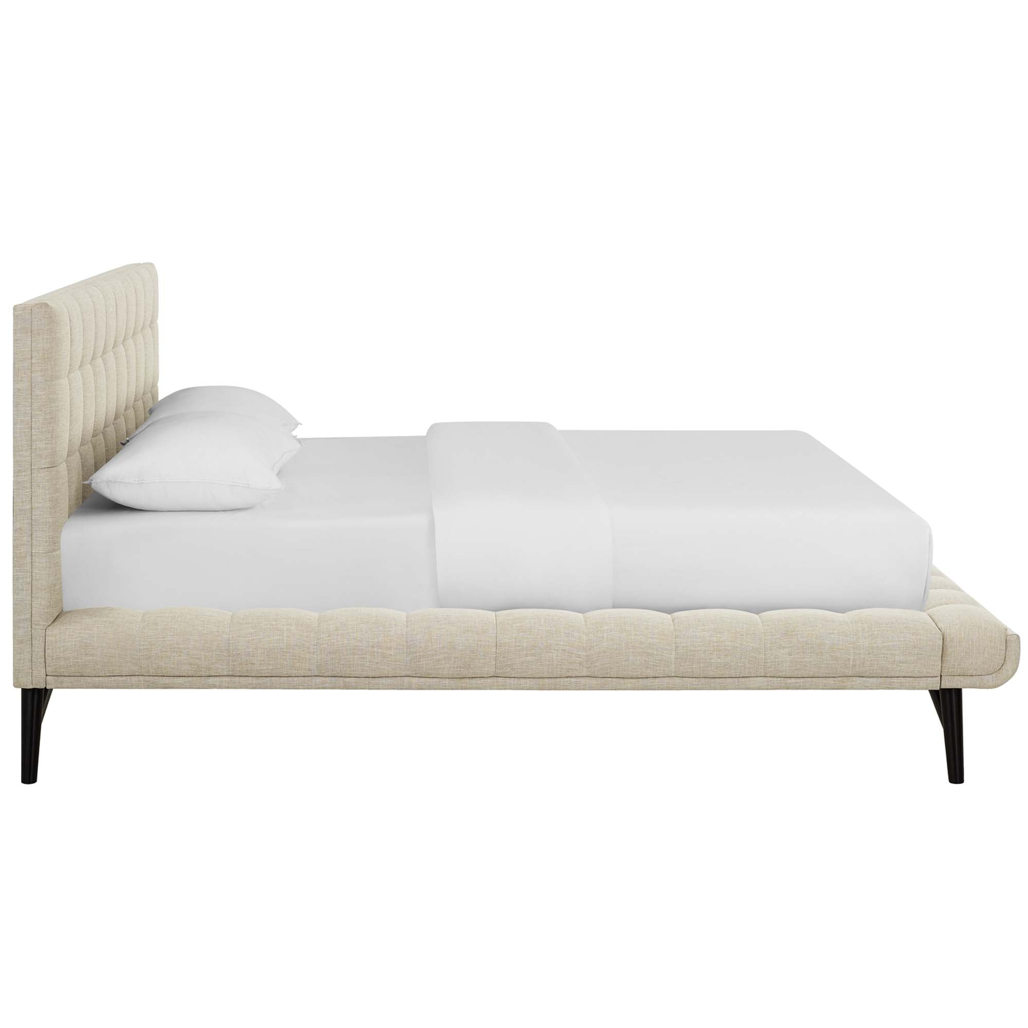 Lancaster Queen Beige Platform Bed – Upholstered Headboard with Wood Legs