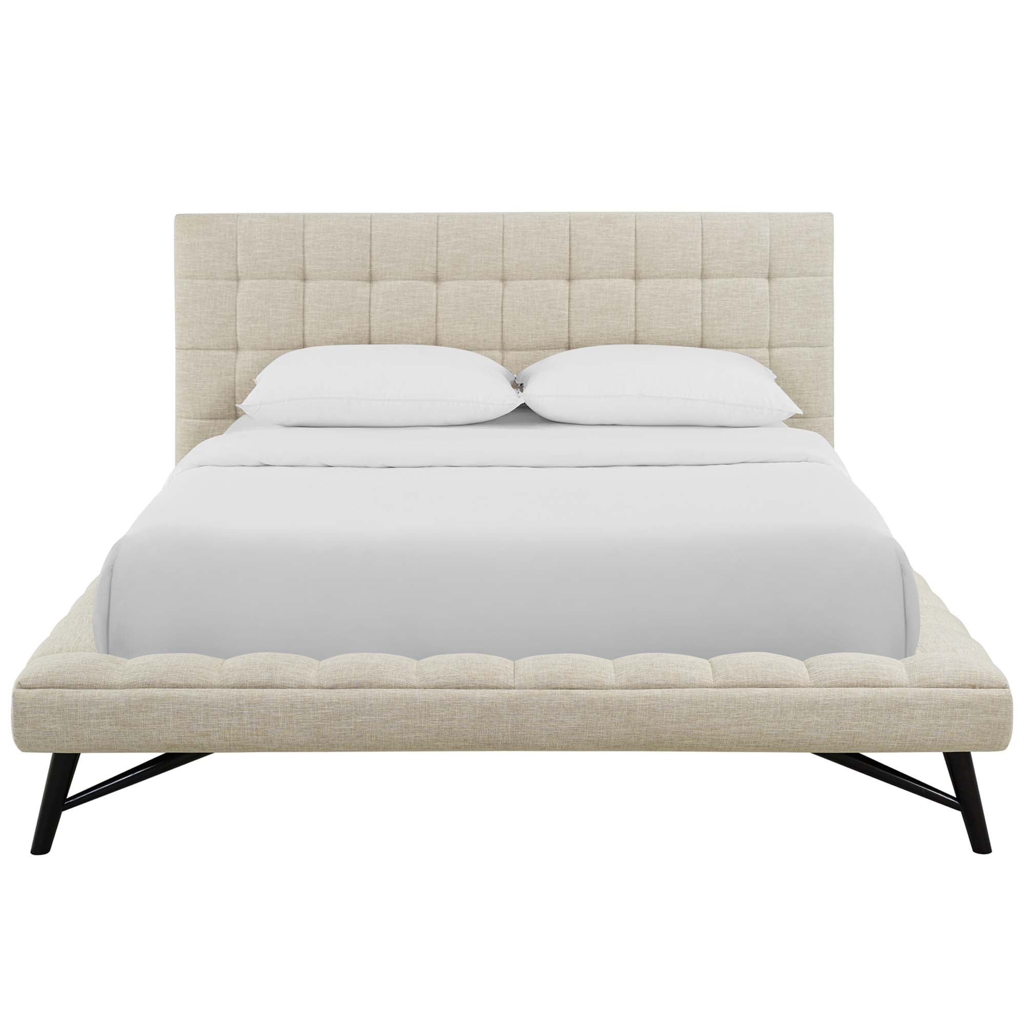 Lancaster Queen Beige Platform Bed Upholstered Headboard with Wood Legs