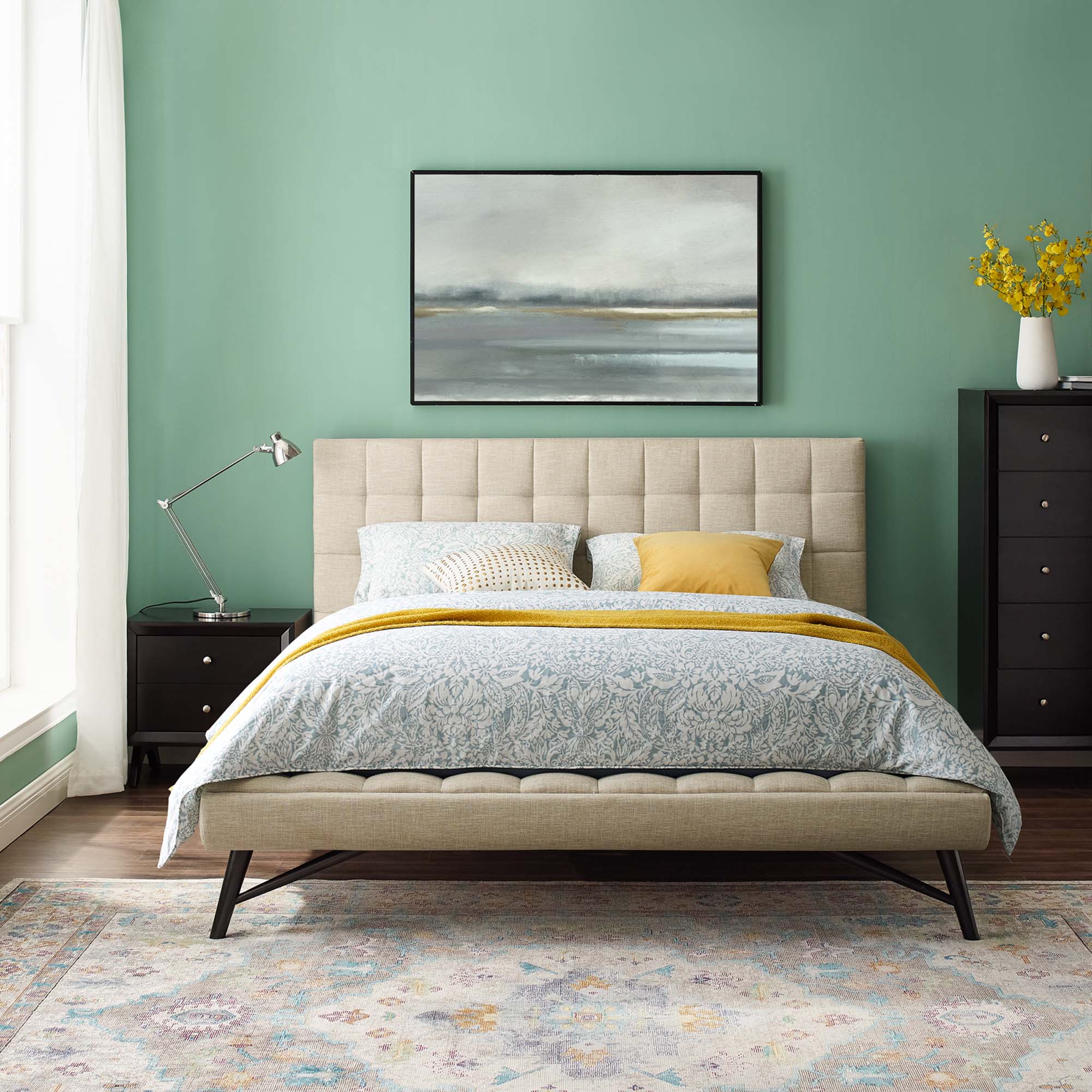 Lancaster Queen Beige Platform Bed – Upholstered Headboard with Wood Legs