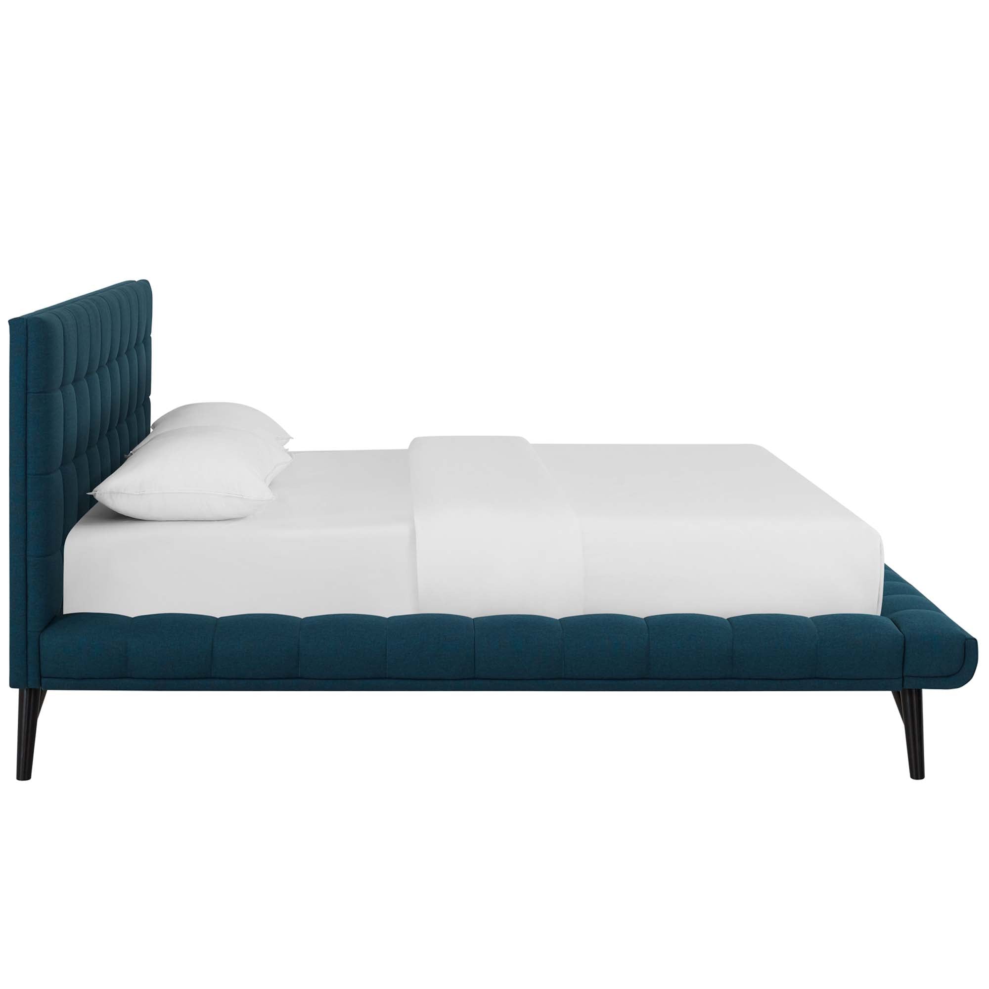 Julia Biscuit Tufted Upholstered Fabric Queen Platform Bed, Blue