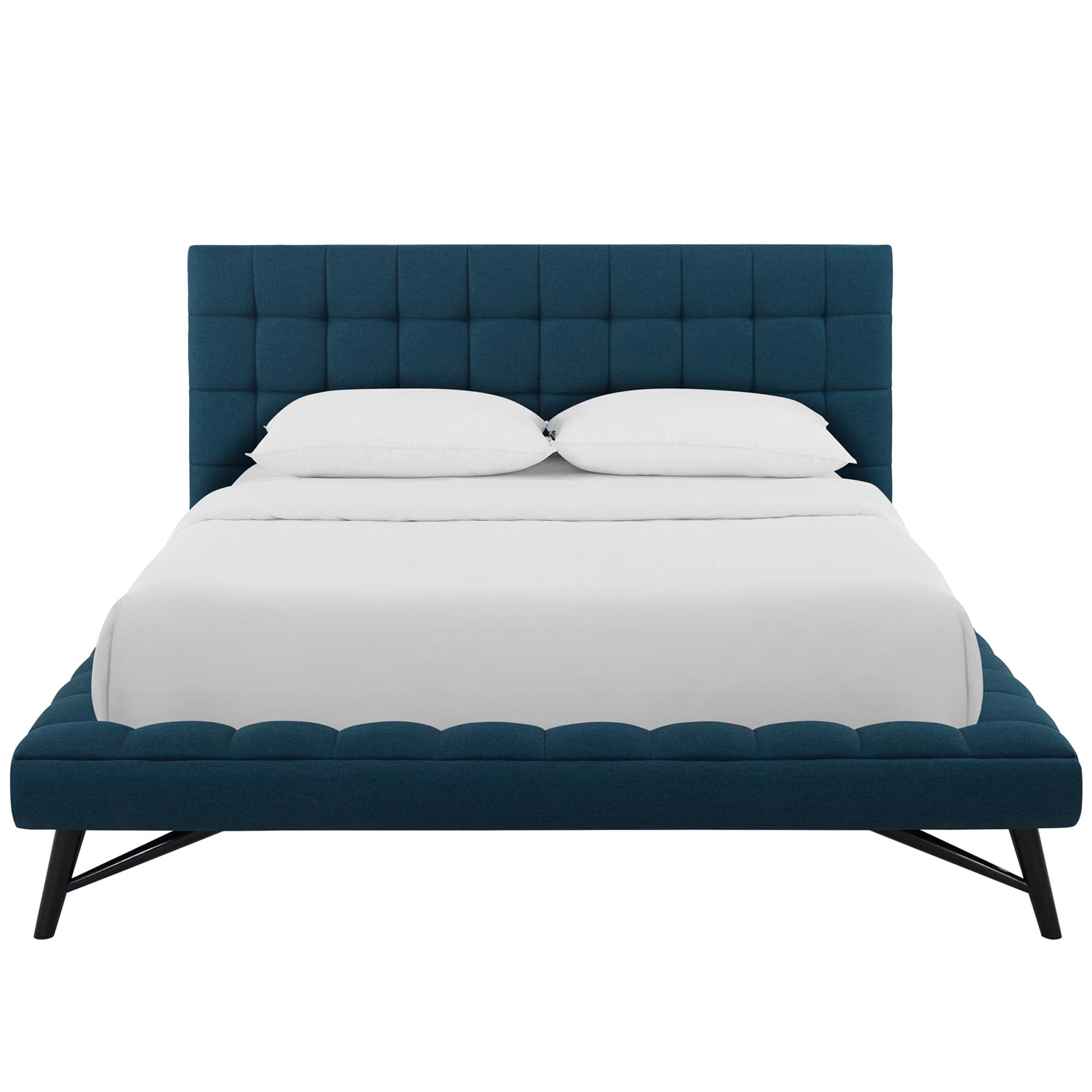 Julia Biscuit Tufted Upholstered Fabric Queen Platform Bed, Blue