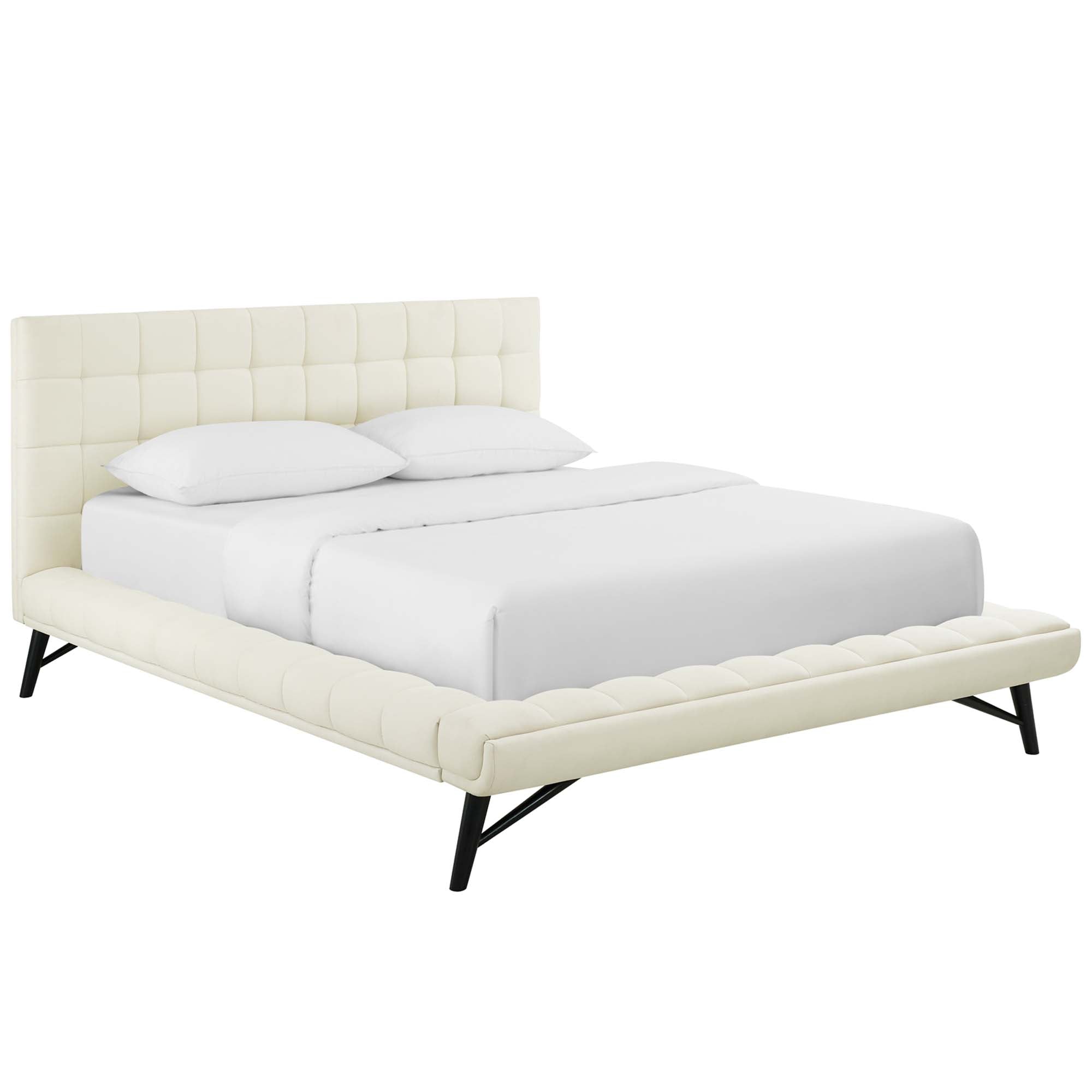 Lancaster Queen Beige Platform Bed – Upholstered Headboard with Wood Legs