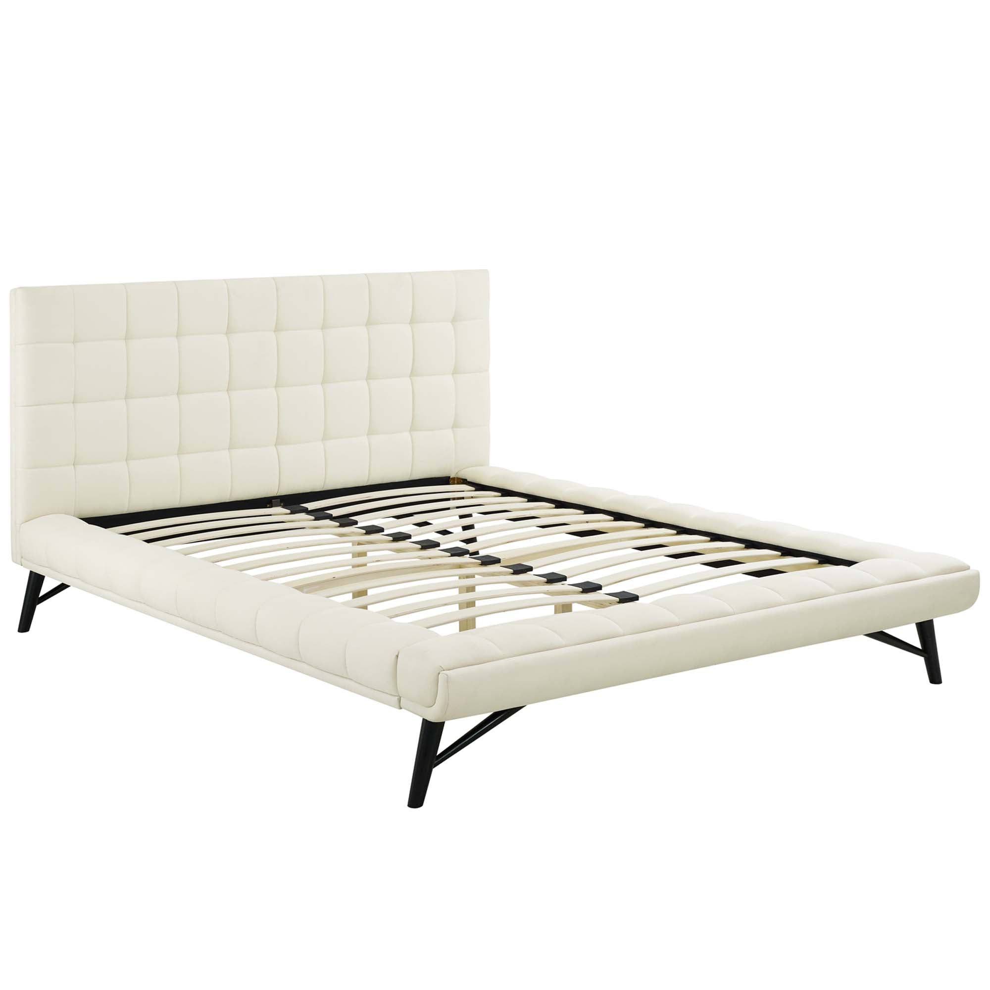 Julia Biscuit Tufted Upholstered Fabric Queen Platform Bed, Ivory