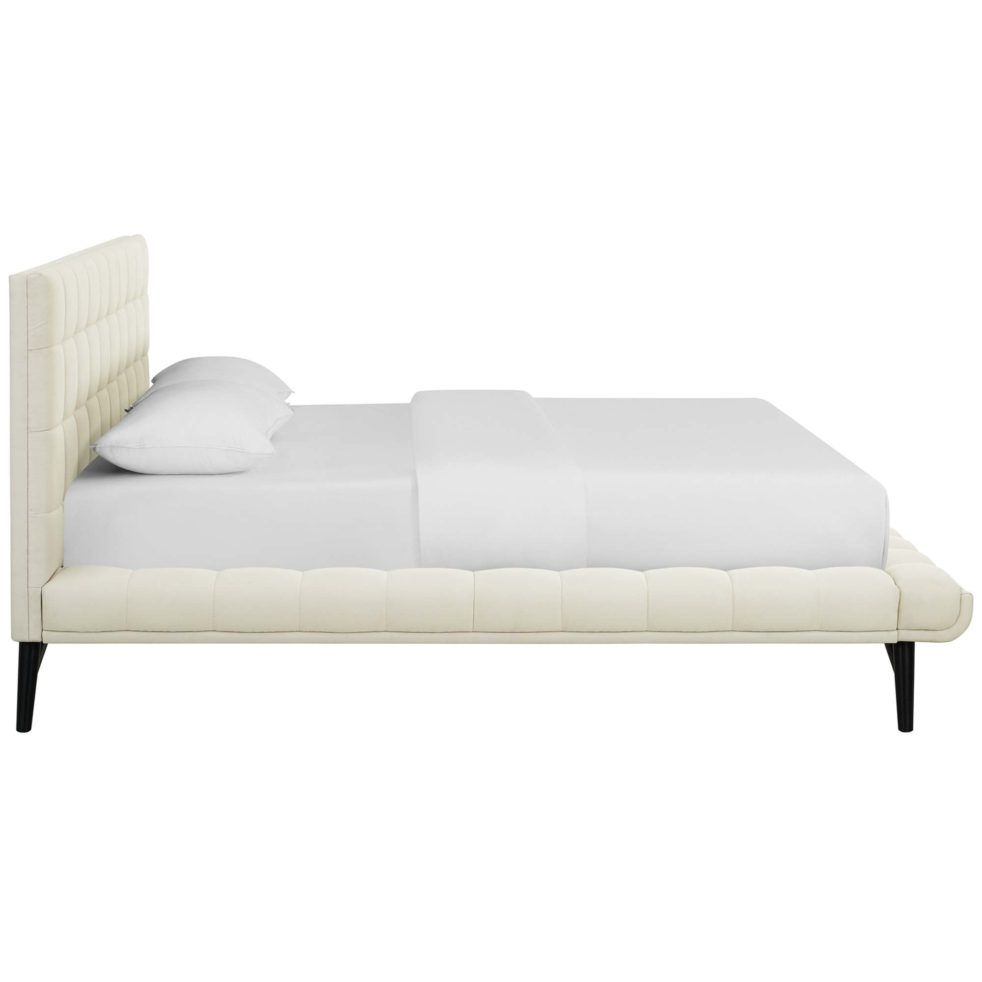Julia Biscuit Tufted Upholstered Fabric Queen Platform Bed, Ivory