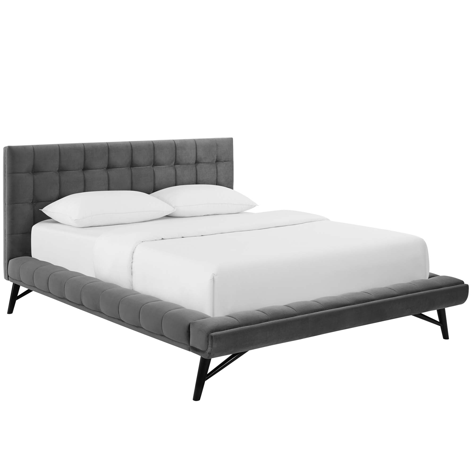 Lancaster Queen Grey Velvet Platform Bed – Biscuit Tufted Upholstered Frame