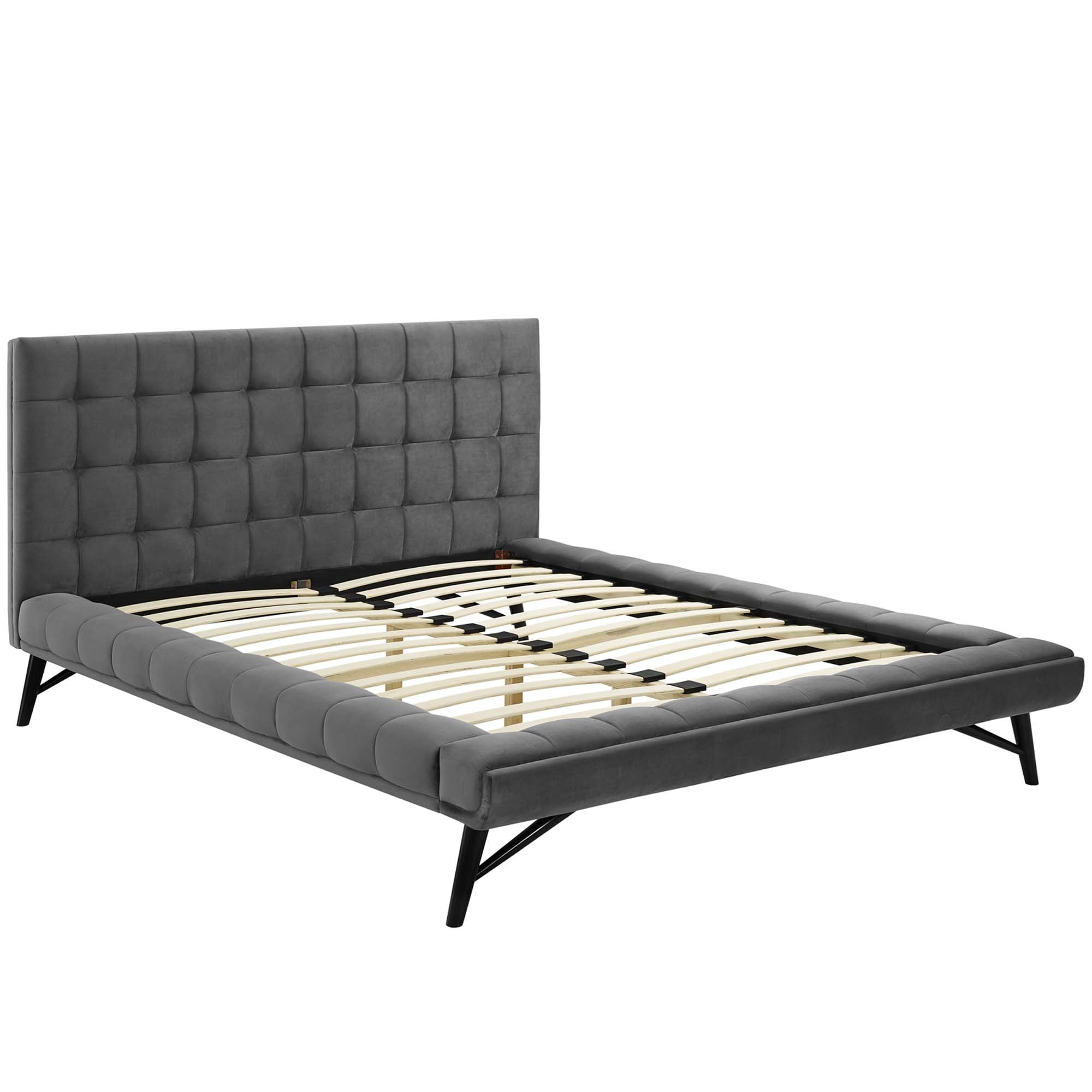 Lancaster Queen Grey Velvet Platform Bed Biscuit Tufted Upholstered Frame