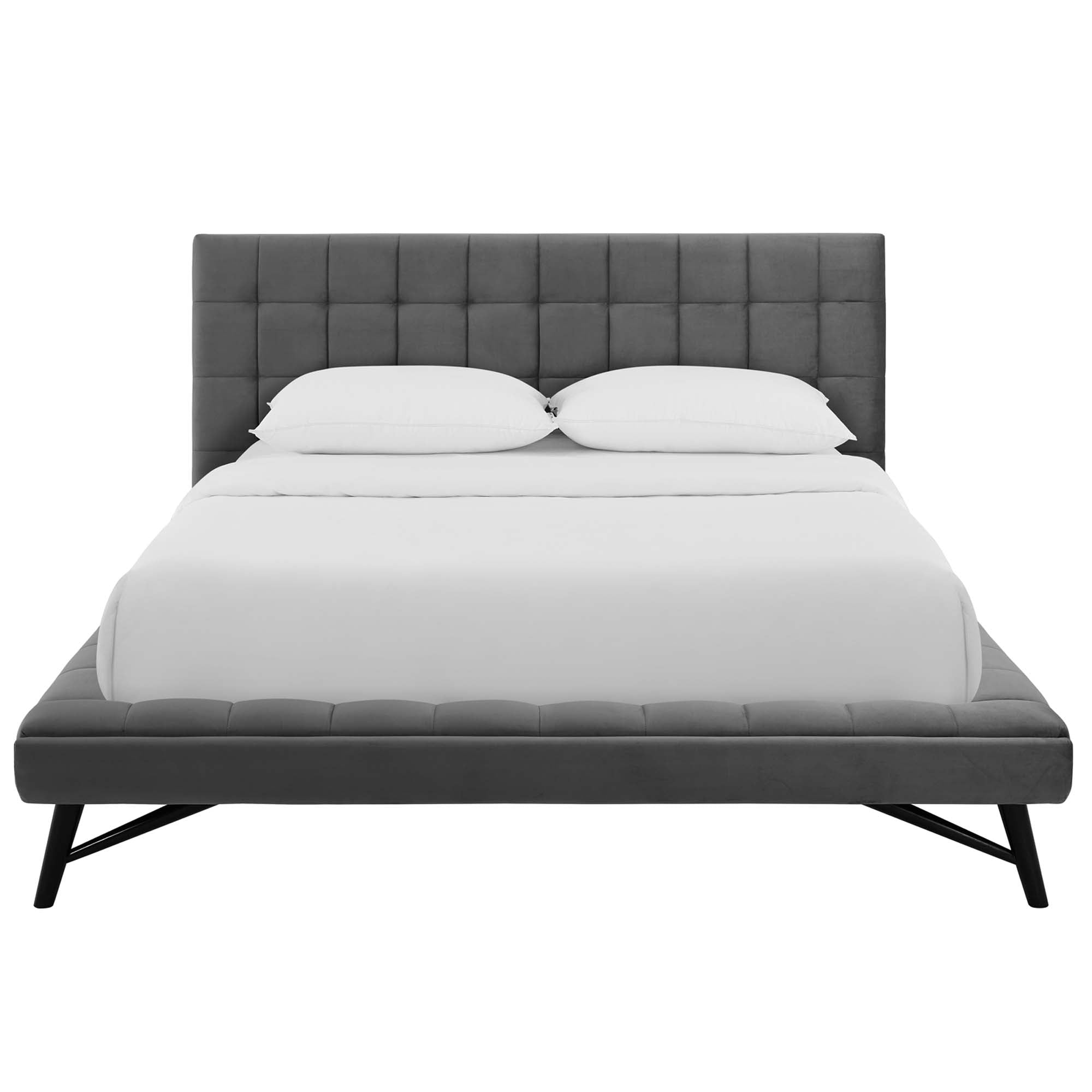 Lancaster Queen Grey Velvet Platform Bed Biscuit Tufted Upholstered Frame