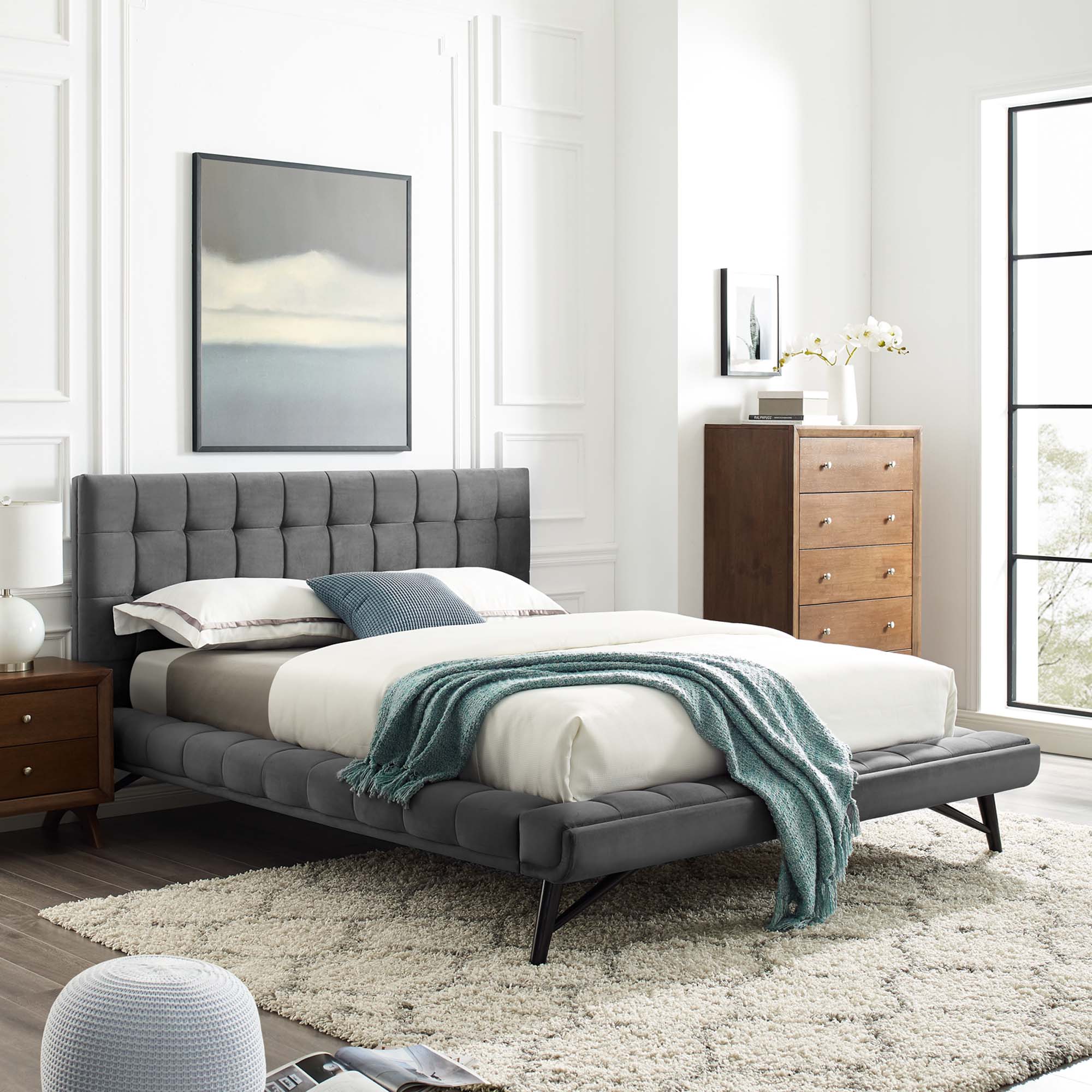 Lancaster Queen Grey Velvet Platform Bed – Biscuit Tufted Upholstered Frame
