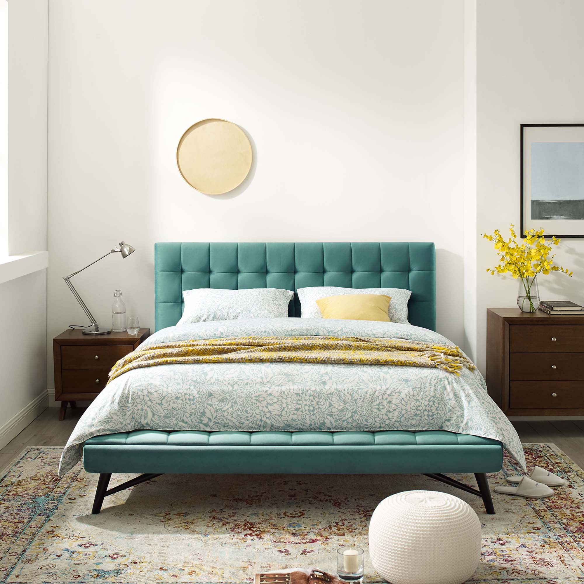 Julia Biscuit Tufted Performance Velvet Queen Platform Bed, Teal