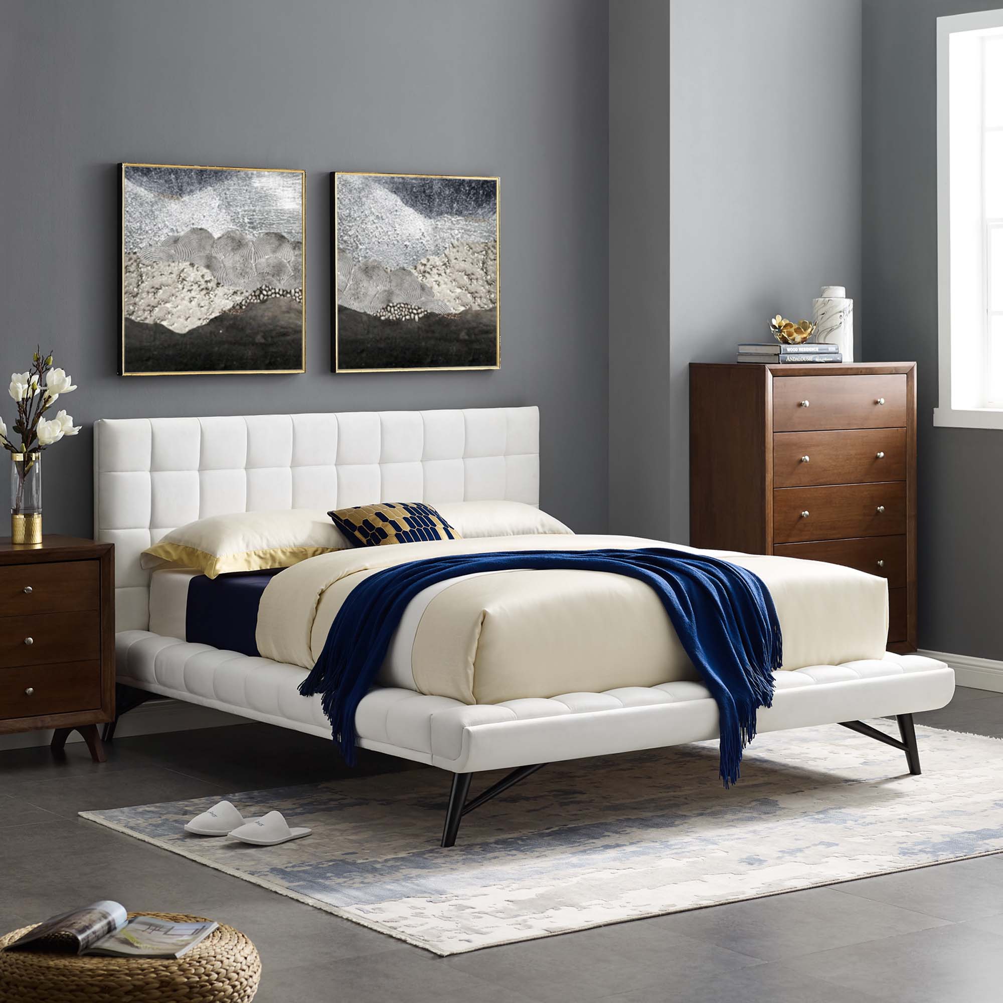 Julia Biscuit Tufted Performance Velvet Queen Platform Bed, White