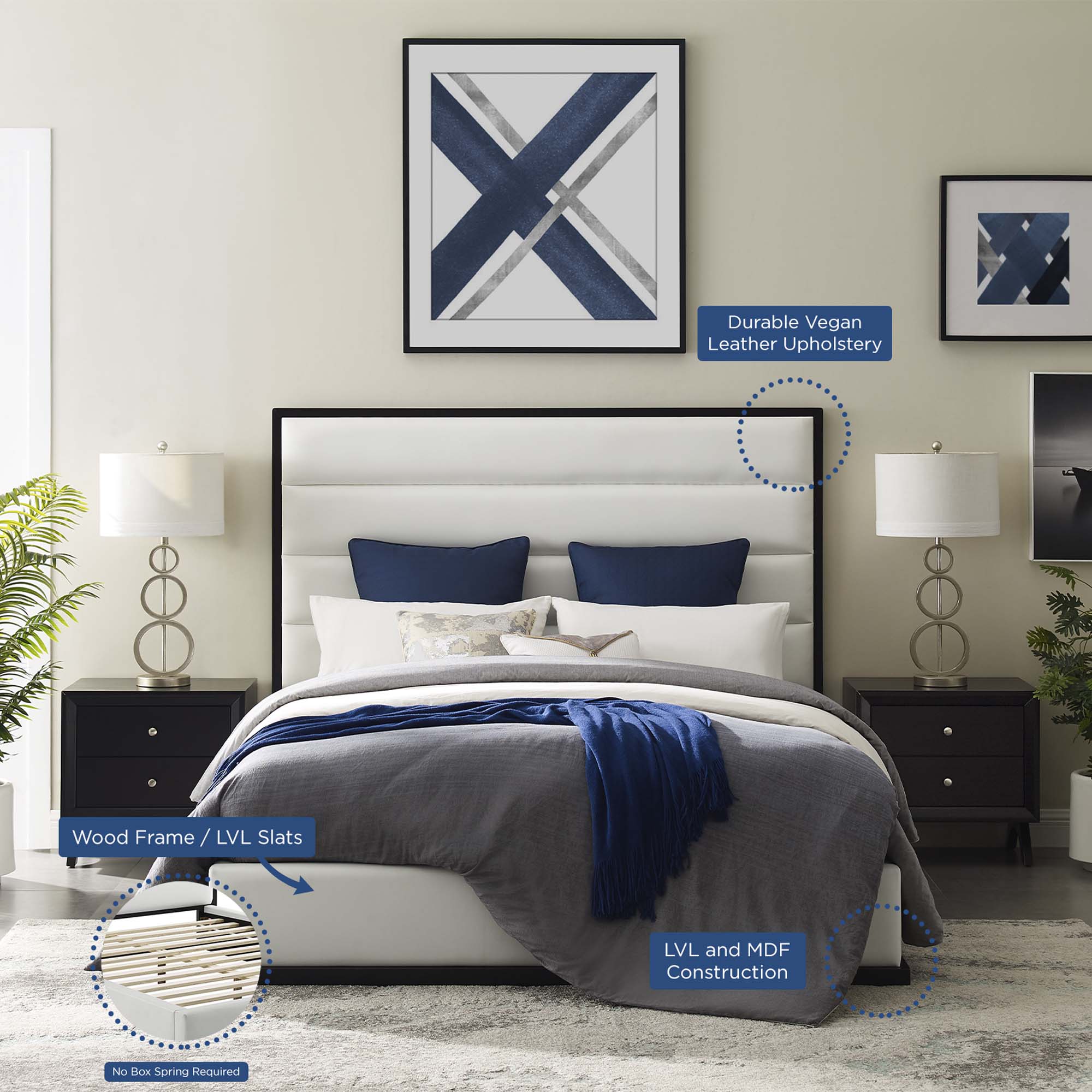 Cabana Queen White Faux Leather Platform Bed – Modern Upholstered Bedroom Furniture