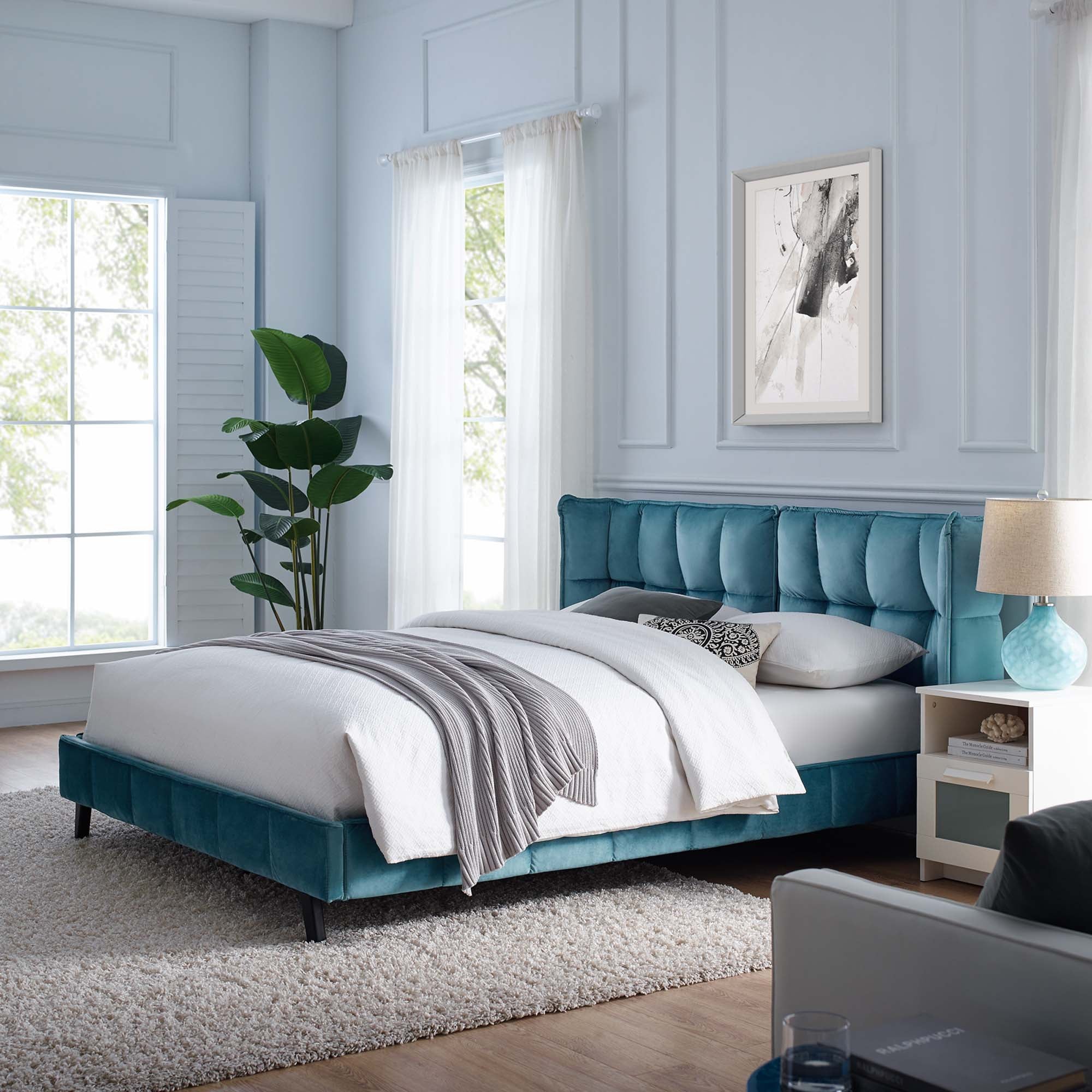 Braithe Sea Queen Performance Velvet Platform Bed – Wingback Design