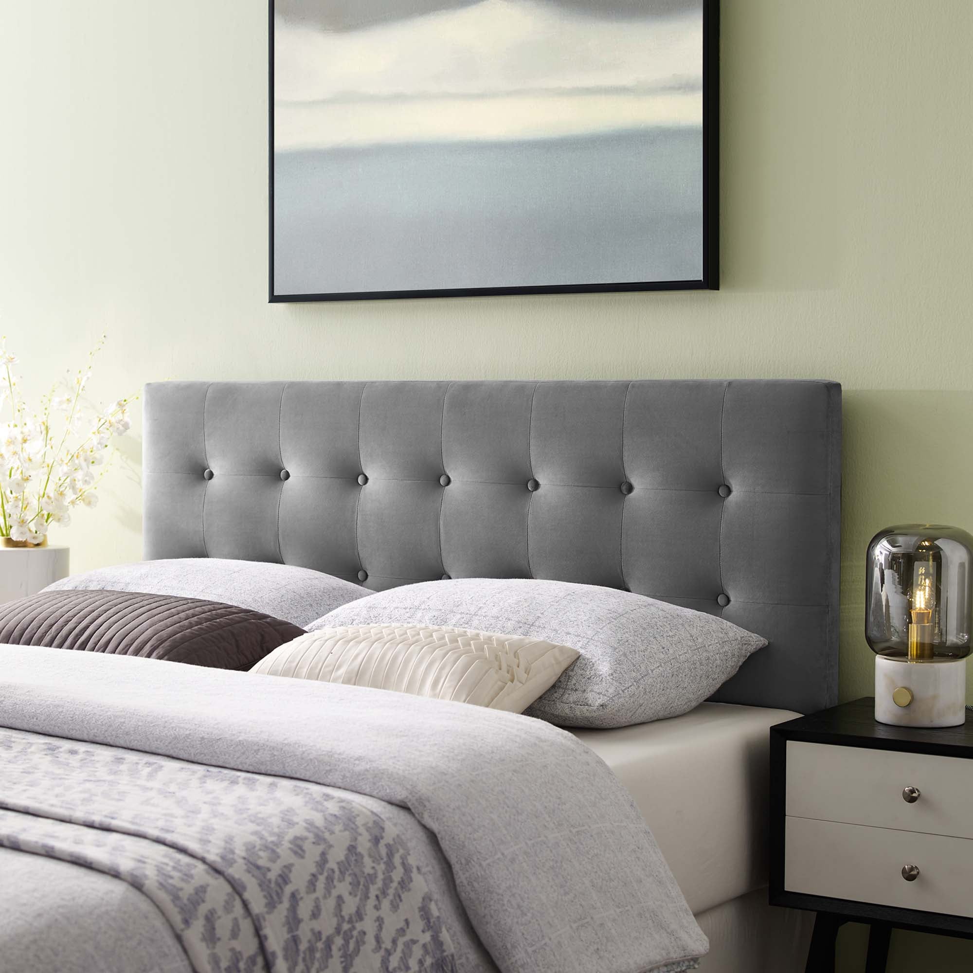 Emily Biscuit Tufted Performance Velvet King Headboard, Gray