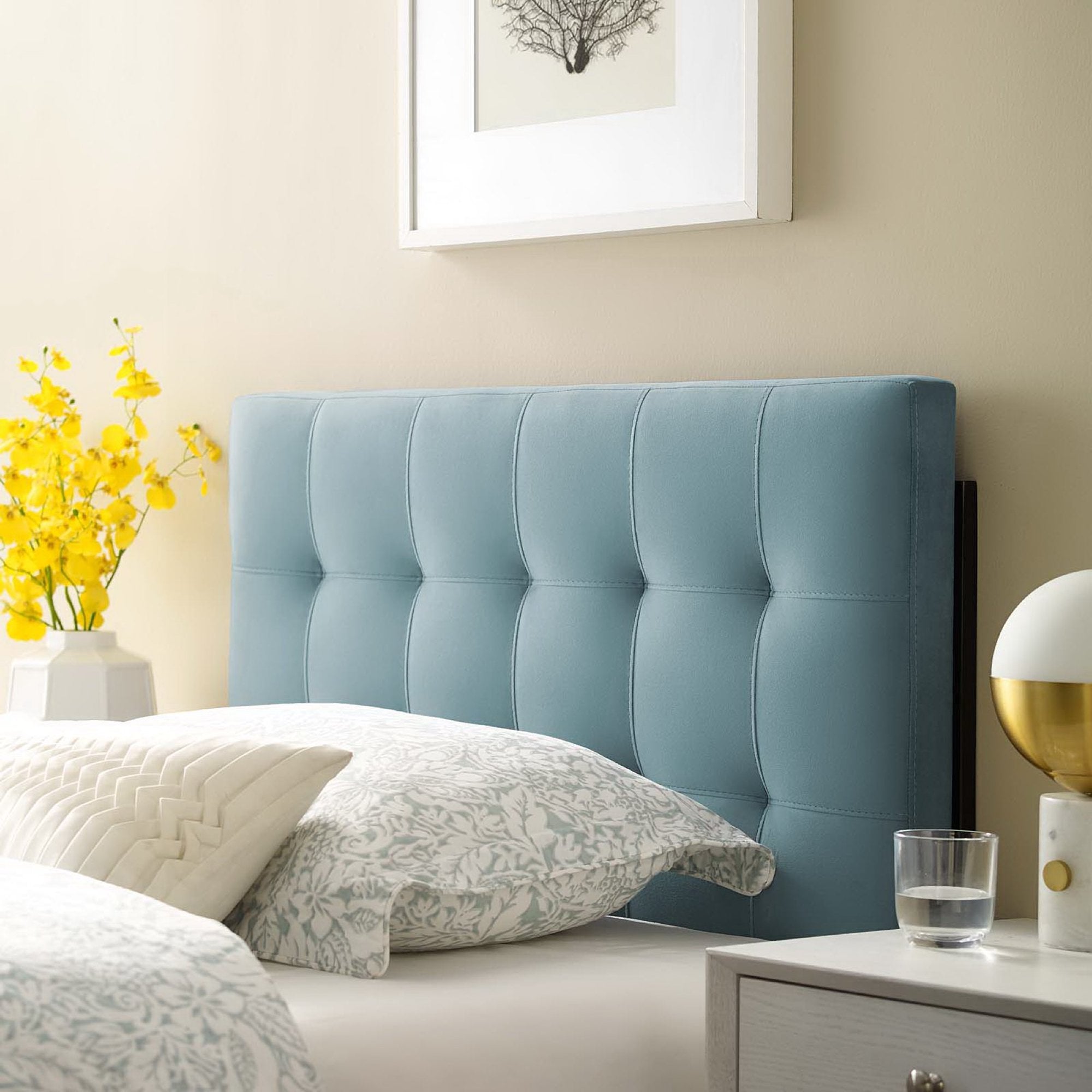 Lily Biscuit Tufted Performance Velvet Twin Headboard, Light Blue