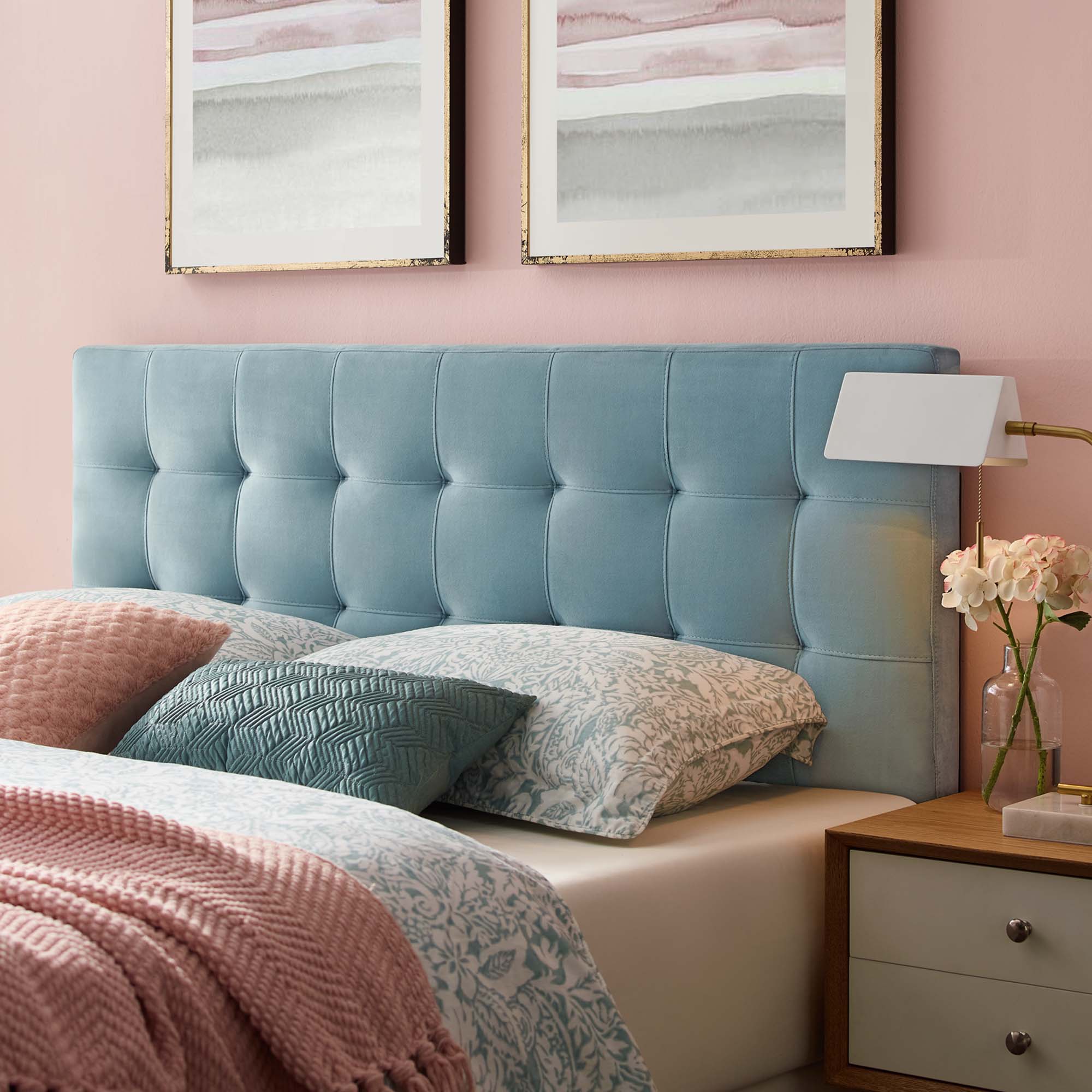 Lily Biscuit Tufted Performance Velvet Full Headboard, Light Blue