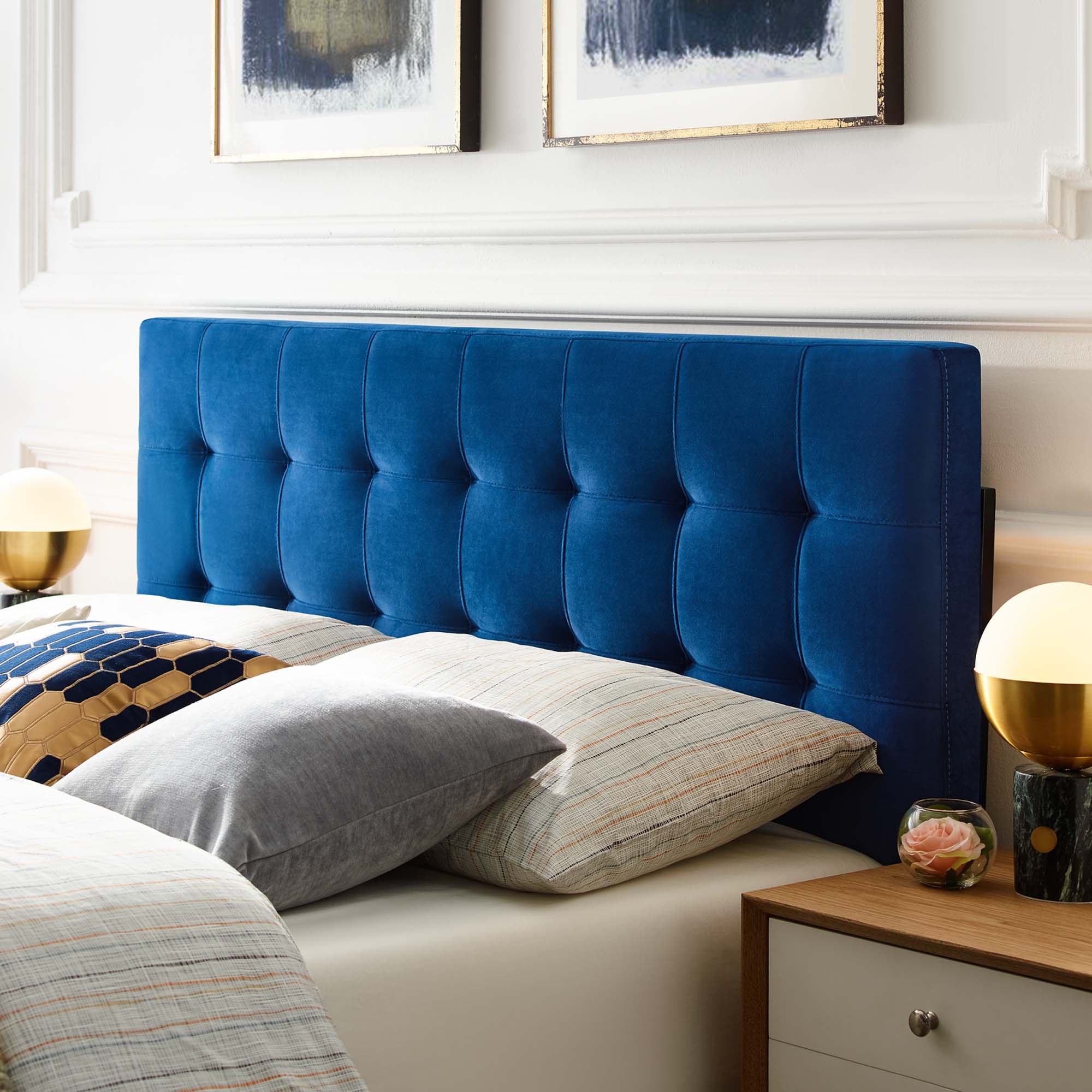 Lily Biscuit Tufted Performance Velvet Queen Headboard, Navy