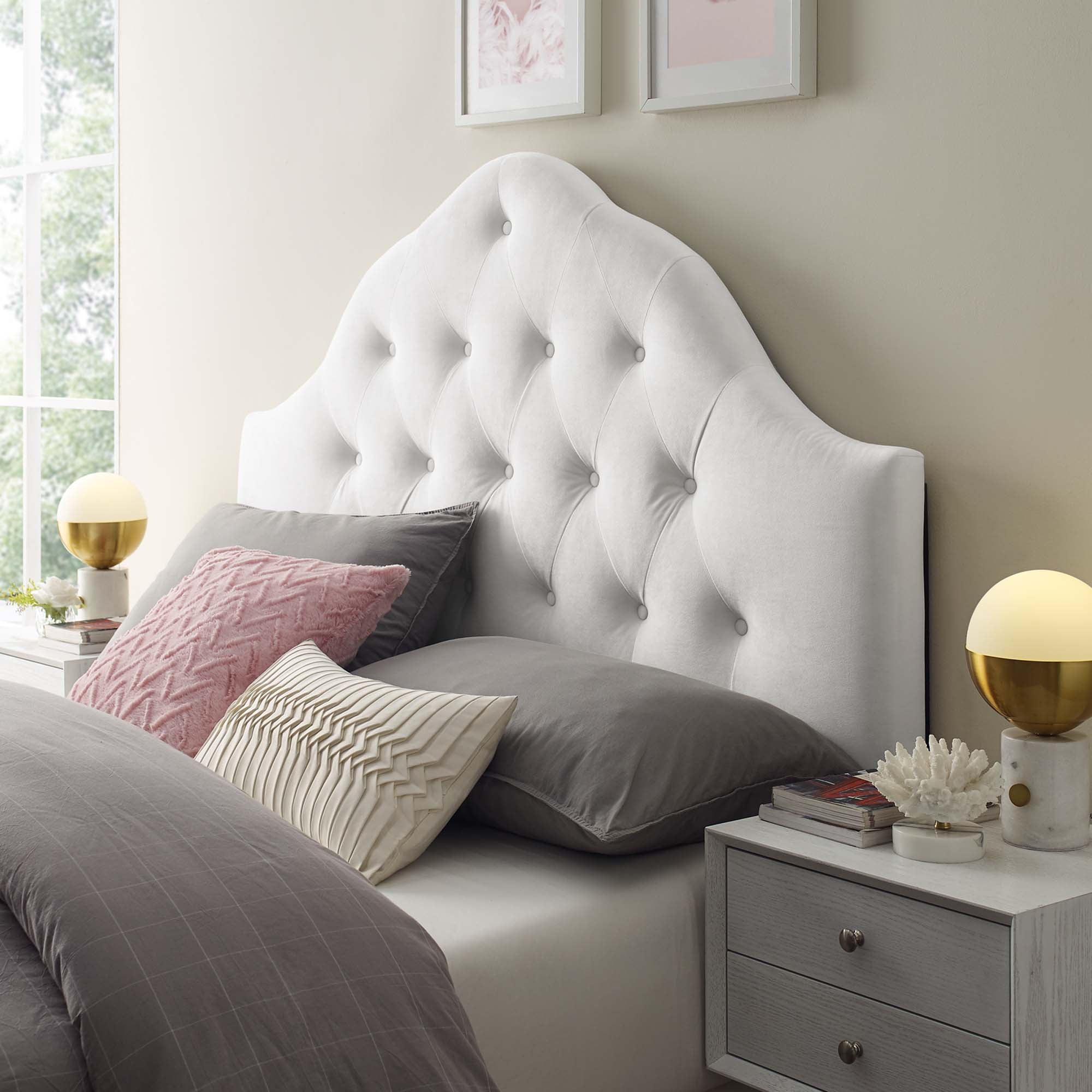 Sovereign Diamond Tufted Performance Velvet Queen Headboard, White