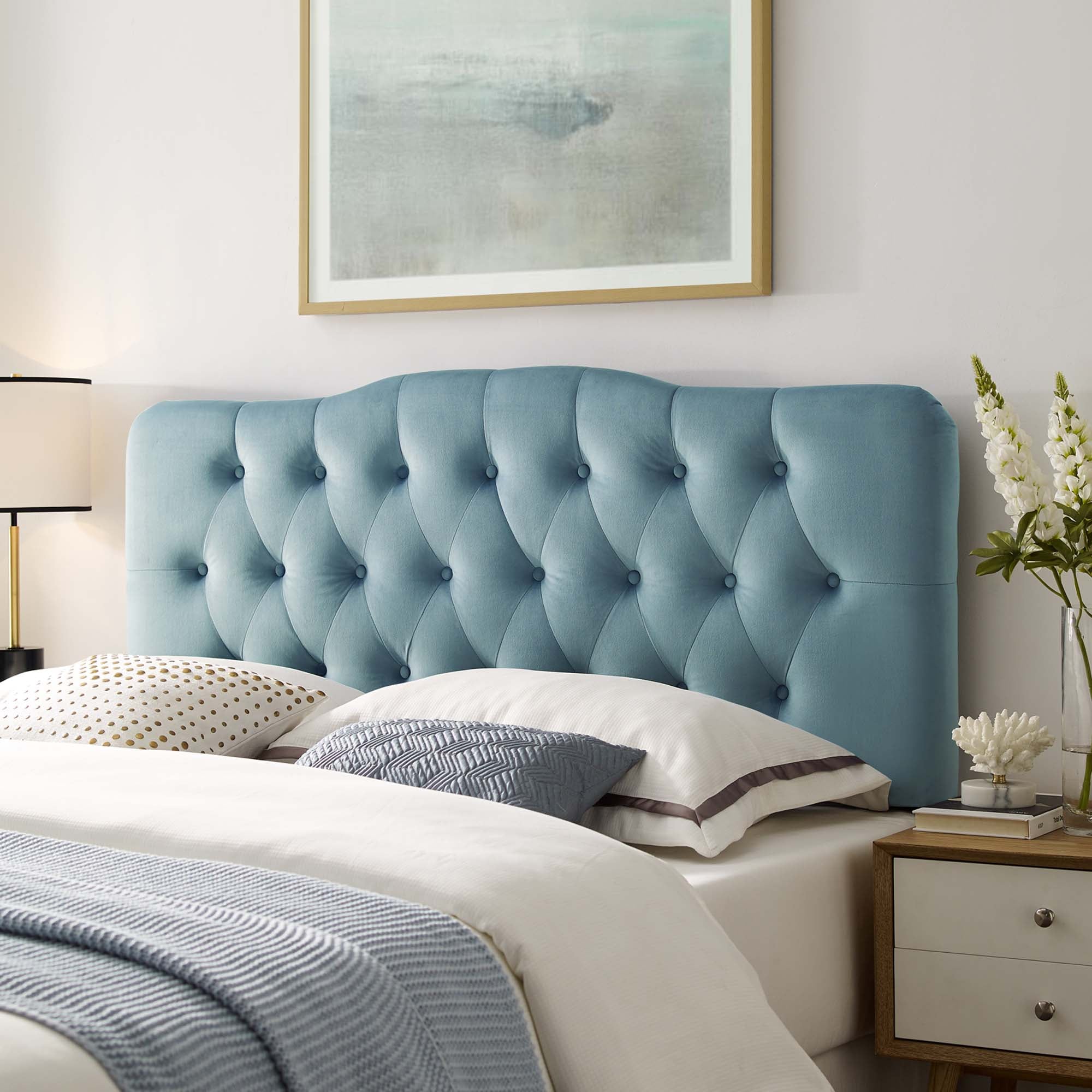 Annabel Diamond Tufted Performance Velvet Full Headboard, Light Blue