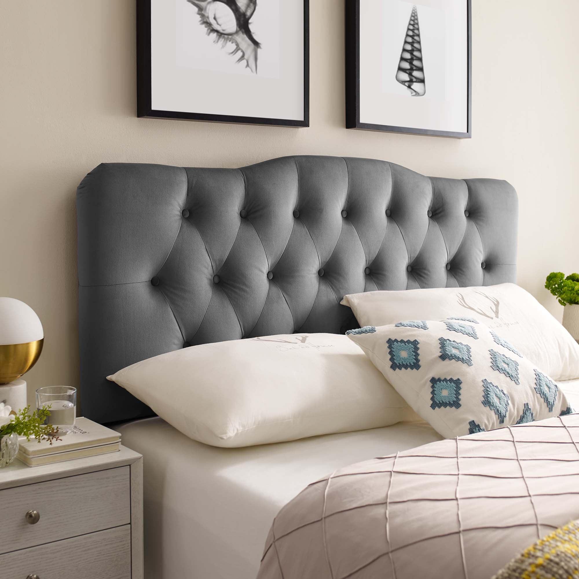 Annabel Diamond Tufted Performance Velvet Queen Headboard, Gray