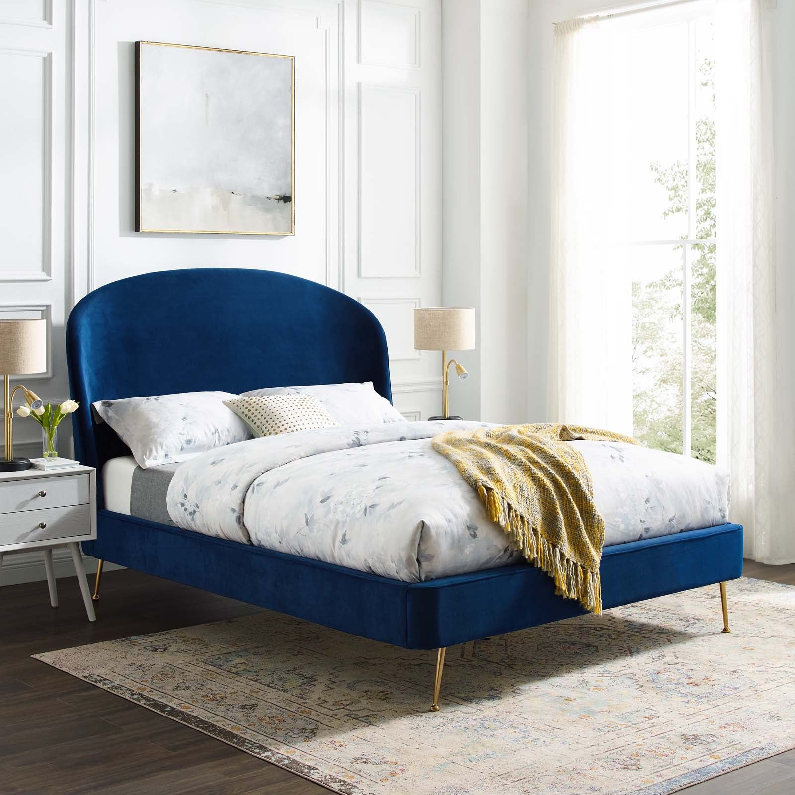 Carlen Queen Performance Velvet Upholstered Platform Bed – Navy Blue Stain-Resistant