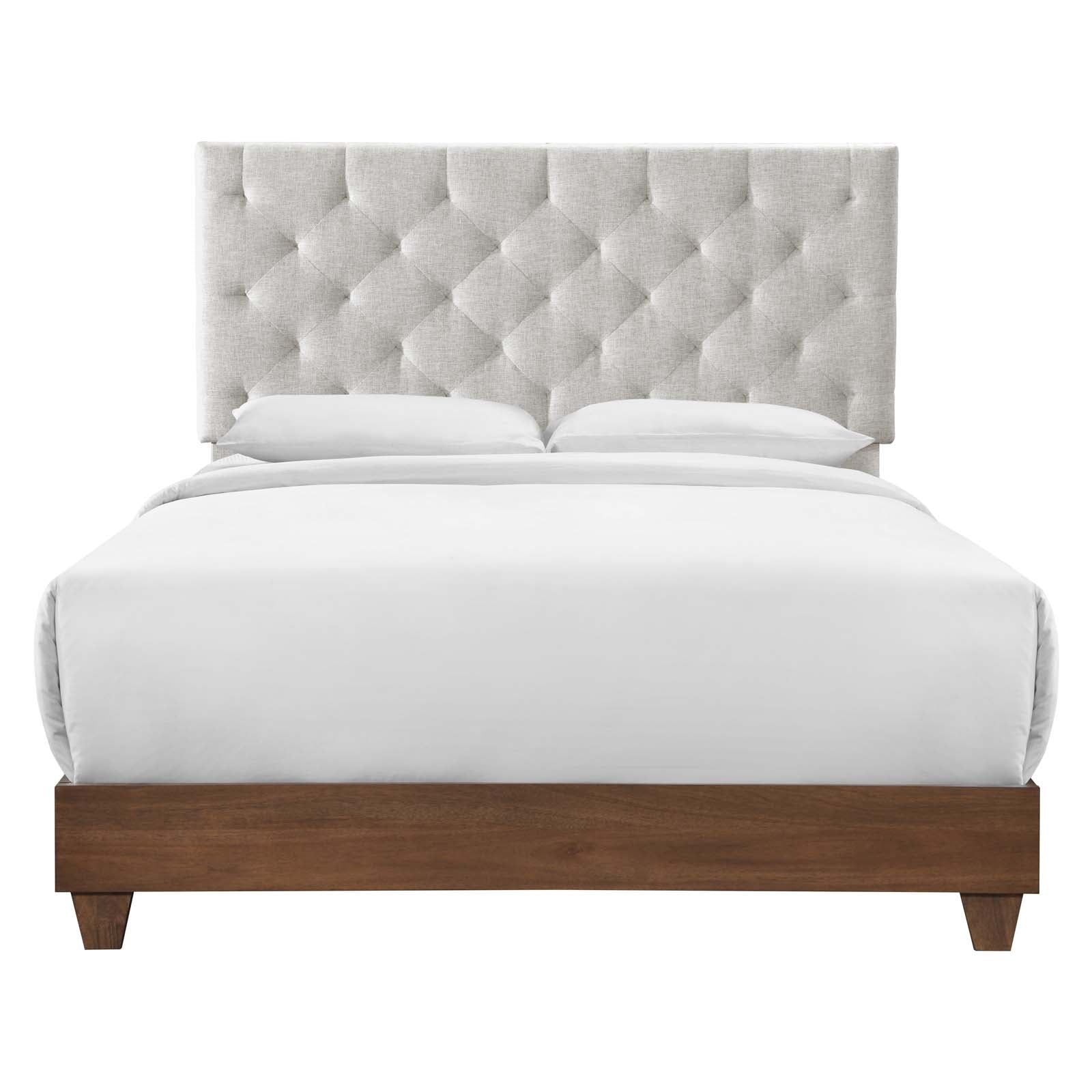 Xenith Queen Walnut Upholstered Panel Bed – Grey Diamond Tufted Headboard