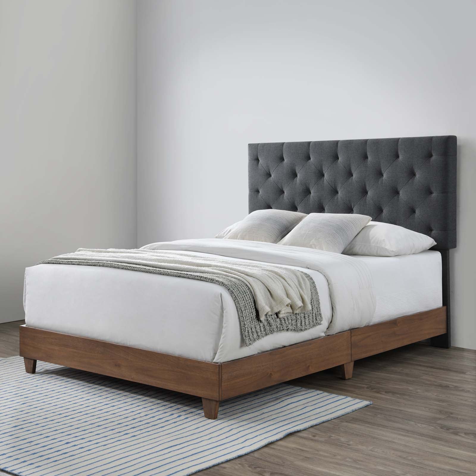 Xenith Queen Walnut Upholstered Panel Bed – Grey Diamond Tufted Headboard
