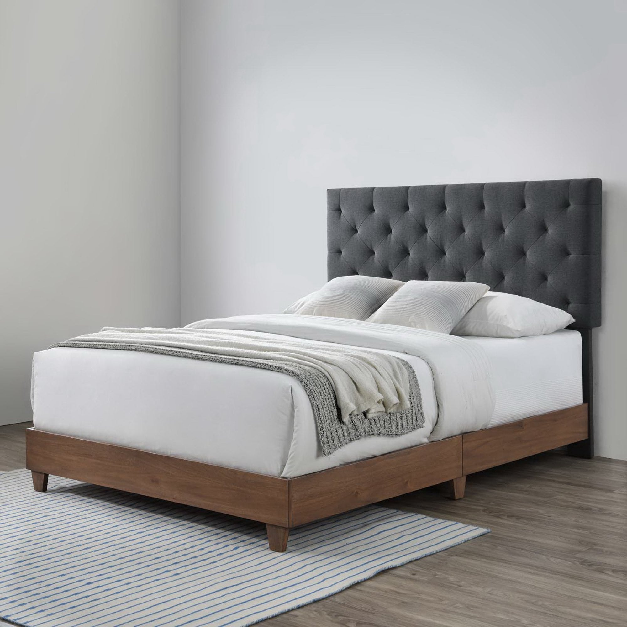 Xenith Queen Walnut Upholstered Panel Bed – Grey Diamond Tufted Headboard